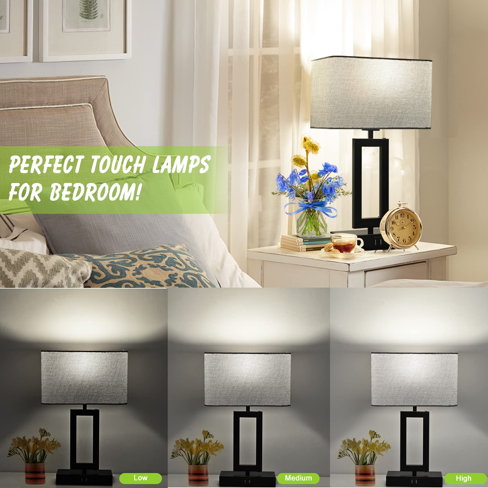 Touch Control Bedside Lamps - Set of 2 Modern Table Lamps with Dual USB Ports & 3-Way Dimmable Lighting for Nightstand, Desk, Living Room, Office & Study - Grey & Black - Perfect for Reading, Working & Creating Cozy Ambiance