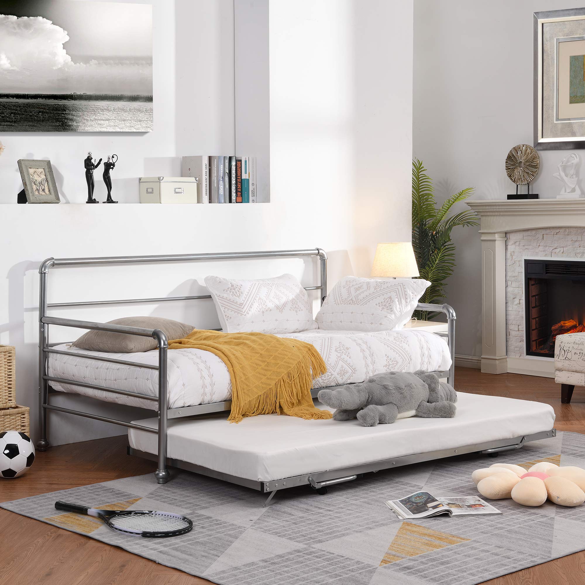 MOEO Twin Size Metal Daybed with Adjustable Pop Up Trundle - Sturdy Space Saving Bed Frame for Kids Teens & Adults - No Box Spring Needed - Silver | Perfect for Guest Rooms, Dormitories & Small Apartments