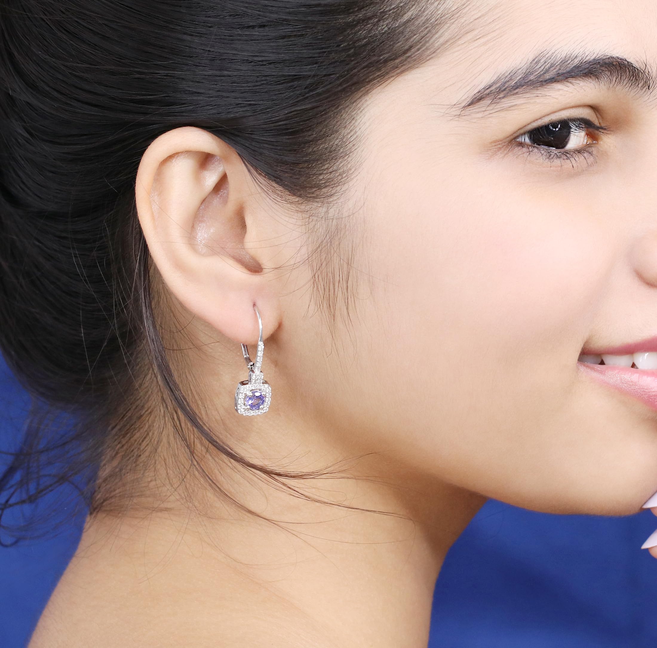 Dazzlingrock Collection 10K Solid White Gold Tanzanite & White Diamond Halo Hoop Earrings for Women - Perfect for Weddings, Parties & Special Occasions