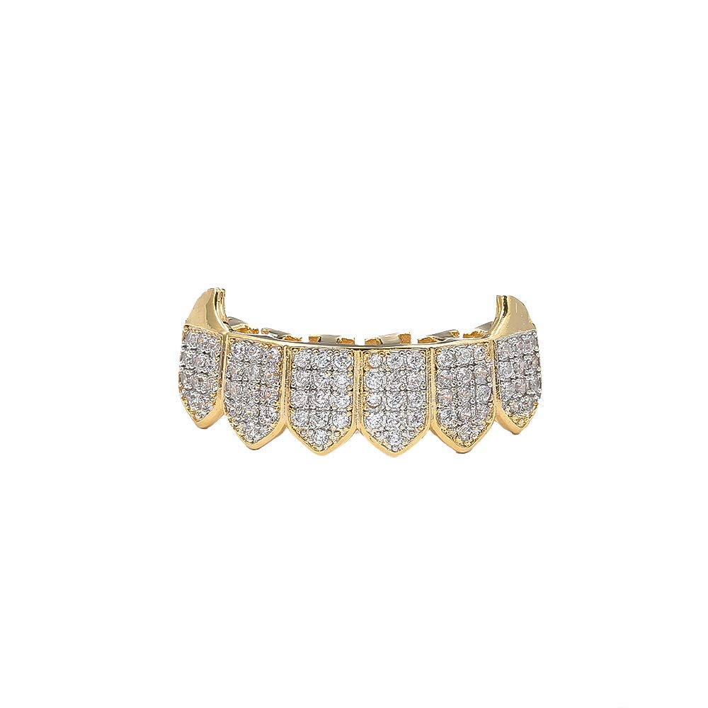 14K Gold Plated Vampire Grillz for Men & Women - Iced Out CZ Top & Bottom Teeth Grill with Extra Molding Bars | Perfect for Hip Hop Fashion, Halloween Costumes & Rap Performances