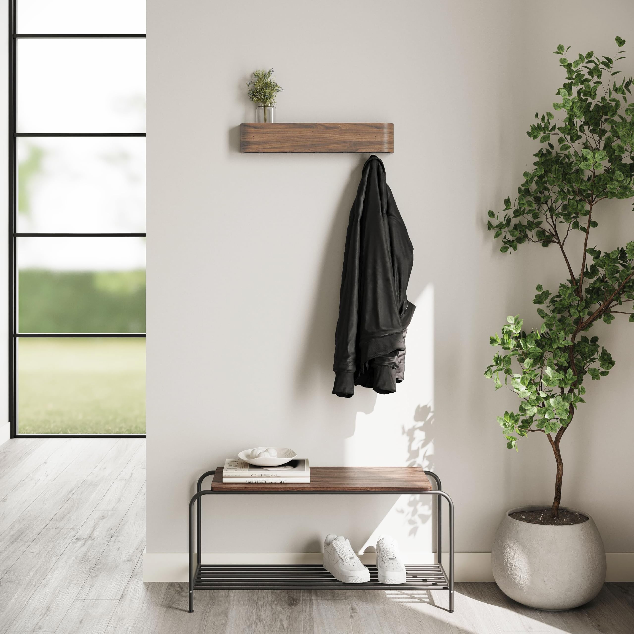 Toke Modern Wall-Mounted Coat Rack with Hidden Hooks - Solid Wood Veneer Panel Hanger in Walnut - Space-Saving Entryway Organizer for Coats, Hats & Bags