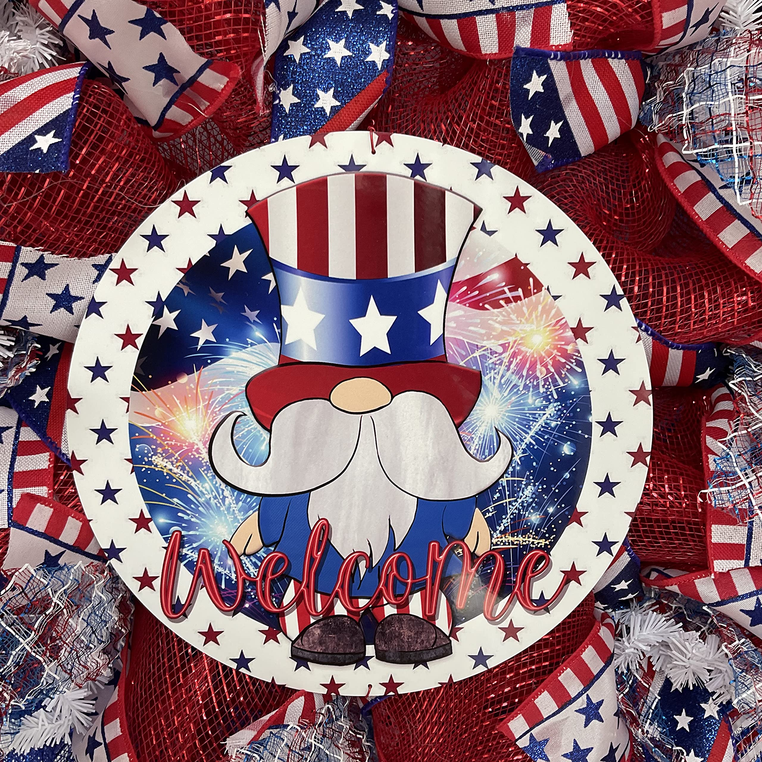 Handmade Patriotic Gnome & Welcome Wreath - 4th of July, Memorial Day, Veterans Day Decor - Perfect for Front Door, Porch, and Garden Decorations
