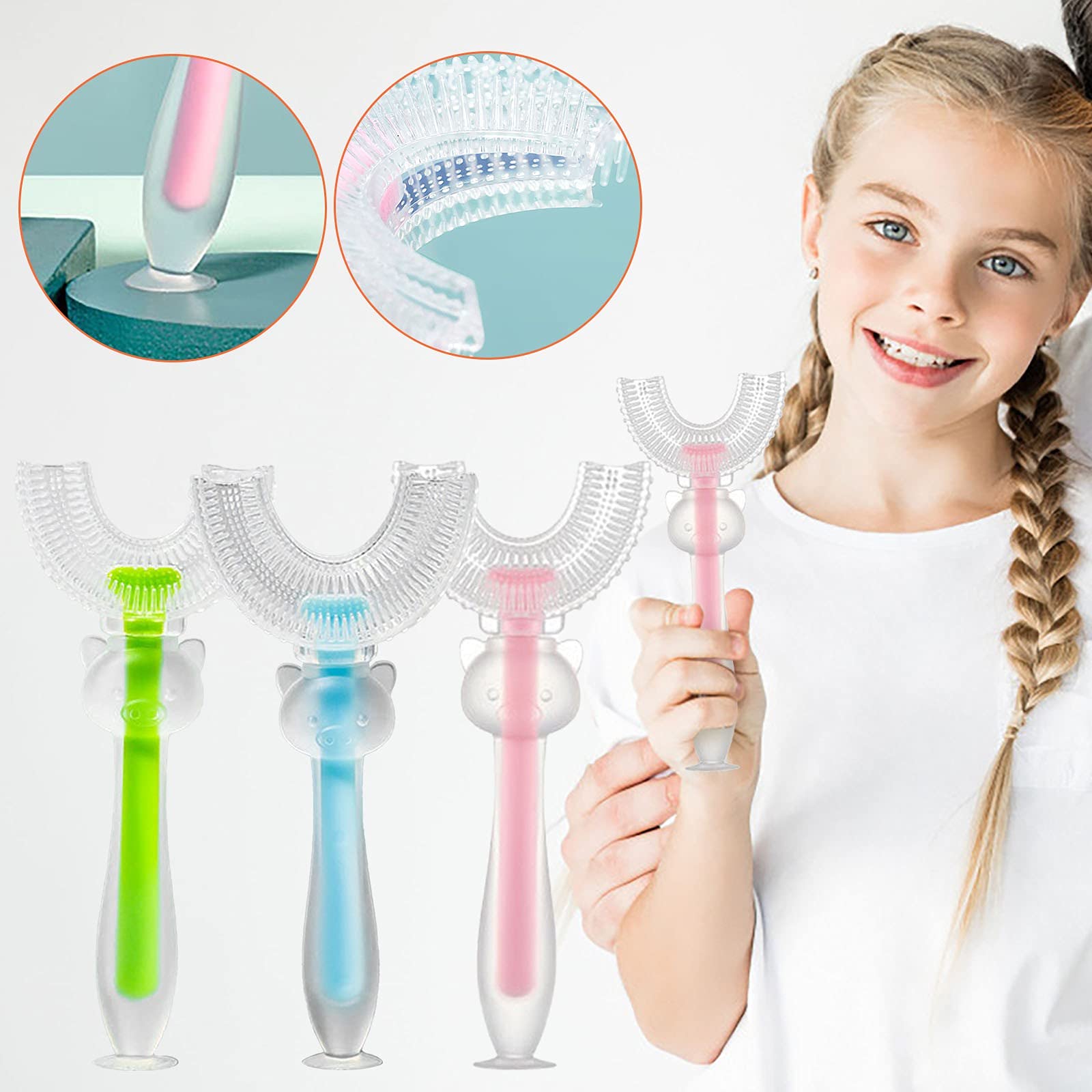 360° U-Shape Kids Toothbrush with Suction Cup - Whitening & Massage Toothbrush for Children | Cartoon Design for Fun Brushing | Perfect for Toddlers Learning Oral Hygiene at Home or Travel