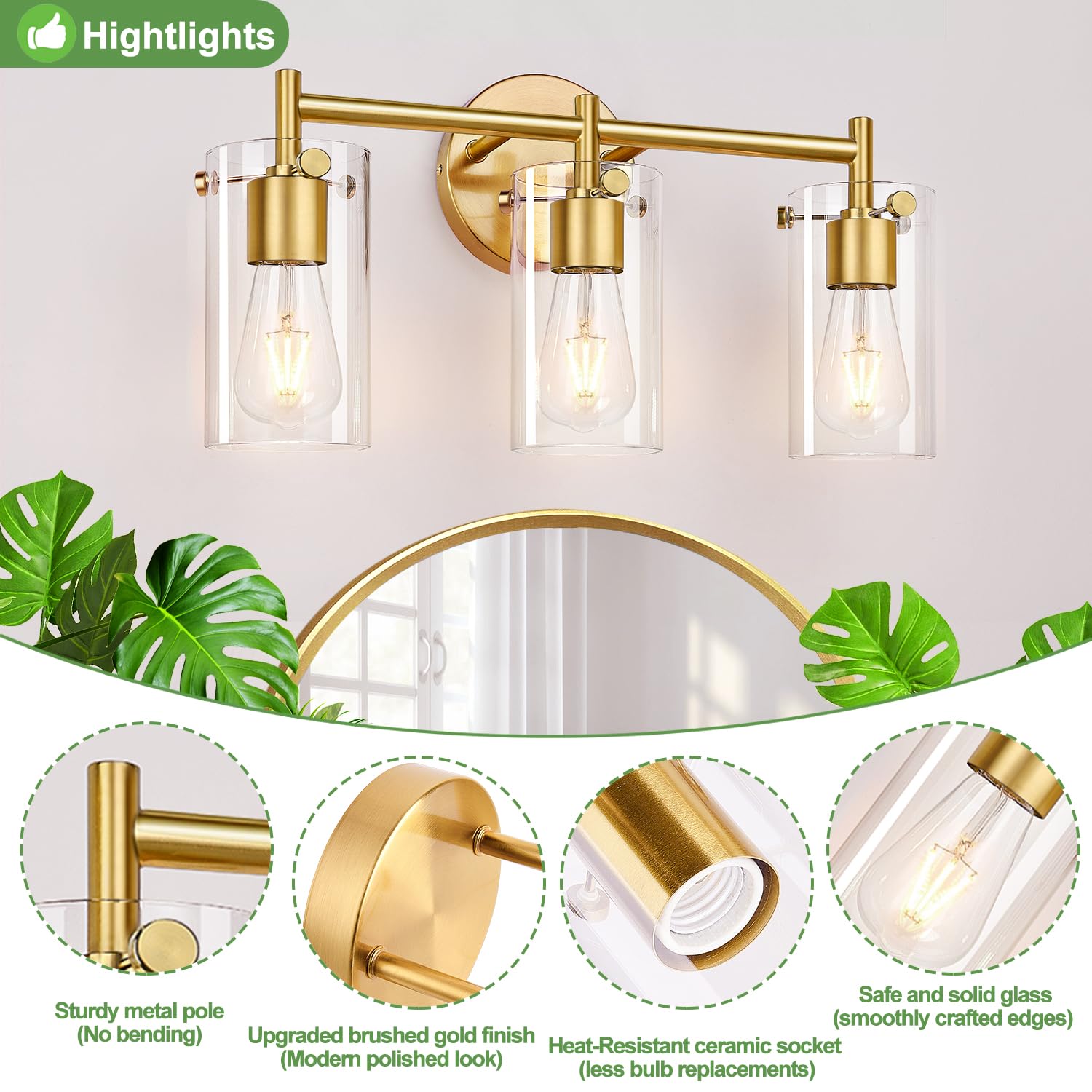 2023 Upgraded 3-Light Brushed Gold Bathroom Vanity Light with Clear Glass Shade - Modern Gold Bathroom Lighting Fixtures for Mirror, Bedroom, Living Room & Hallway - Perfect for Home Decor and Ambient Lighting