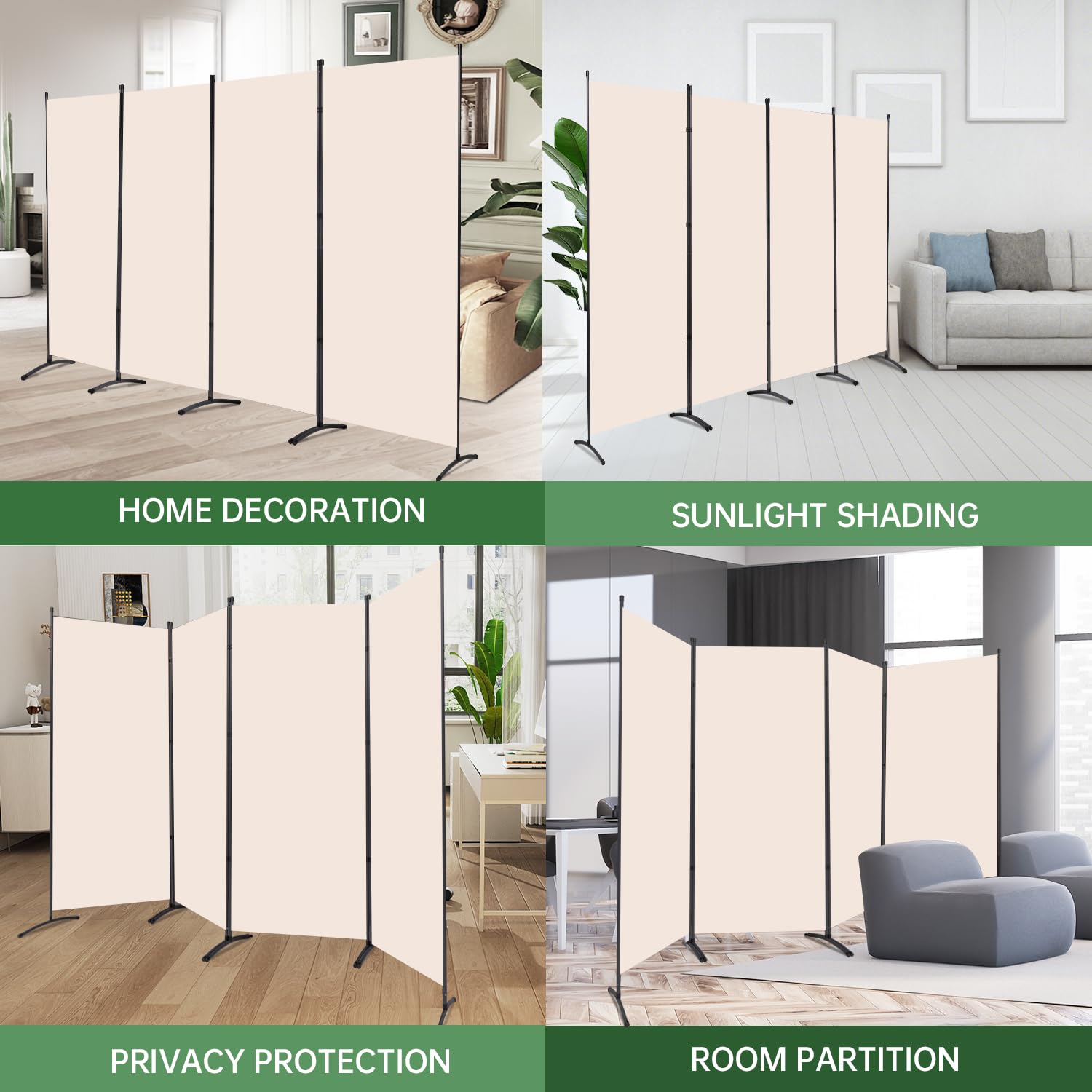 YASRKML 4-Panel Folding Room Divider Privacy Screen - Portable Freestanding Partition Panel for Home Office, Bedroom & Living Room Separation - Beige Fabric Room Dividers for Privacy & Space Organization