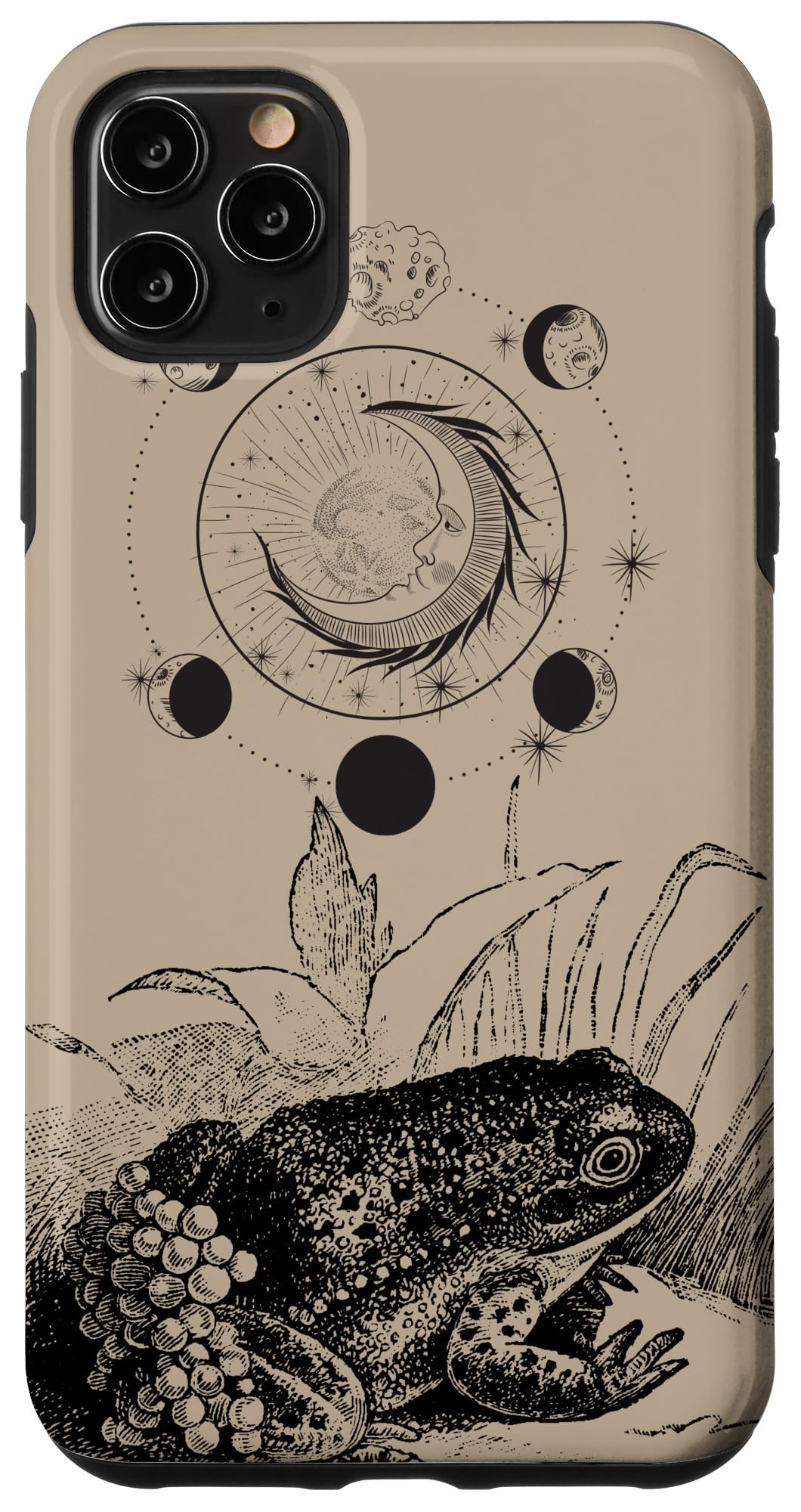 iPhone 11 Pro Max Case - Cottagecore Aesthetic with Frog & Moon Phases Design - Witchy Beige Nude Protective Cover for Everyday Use & Nature Lovers