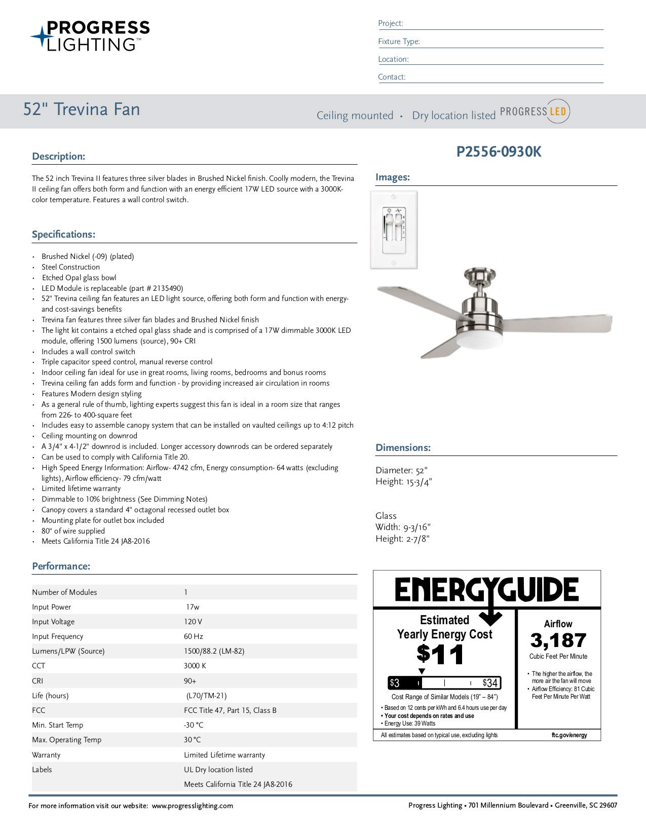 Progress Lighting P2556-0930K Trevina II Ceiling Fan with Light Kit - 52 Inch Brushed Nickel Finish, 15.75