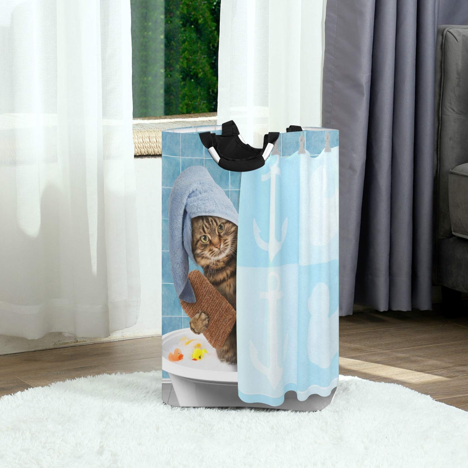 Funny Cat Shower Curtain Laundry Hamper - Foldable Waterproof Dirty Clothes Basket with Handles for Bathroom & Bedroom Storage | Perfect for Toy Organization, Bathroom Decor & Pet Lover Gifts