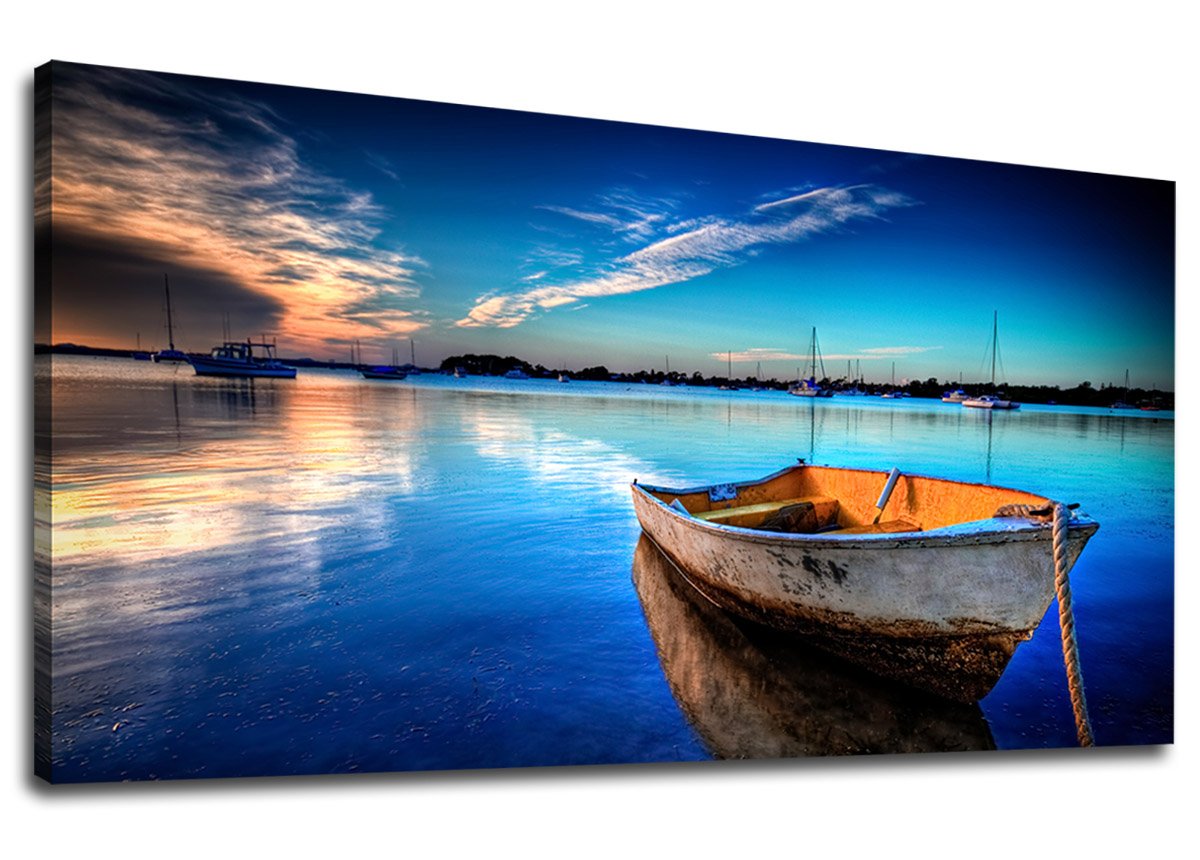 Yearainn Blue Lake Sunset Panoramic Canvas Wall Art - 30x60 Inch Nature Boat Painting for Home & Office Decor | Modern Landscape Artwork for Living Room, Bedroom & Office Spaces