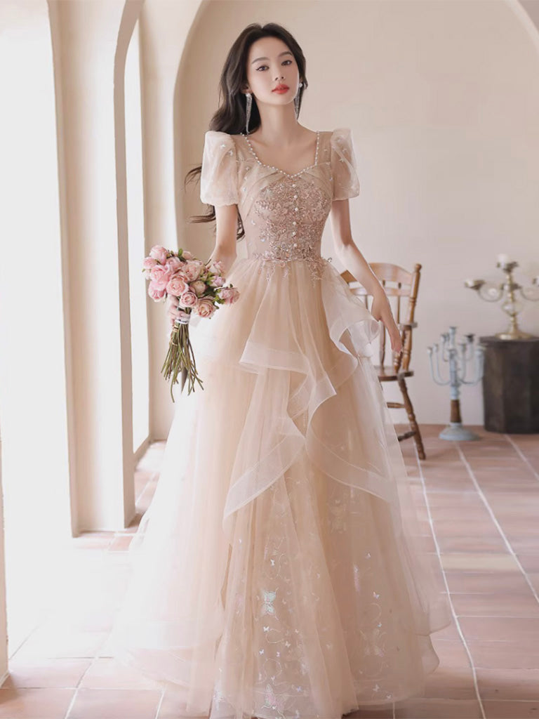 Elegant A-Line Champagne Tulle Sequin Long Prom Dress for Formal Events - Perfect for Homecoming, Quinceañera & Evening Galas