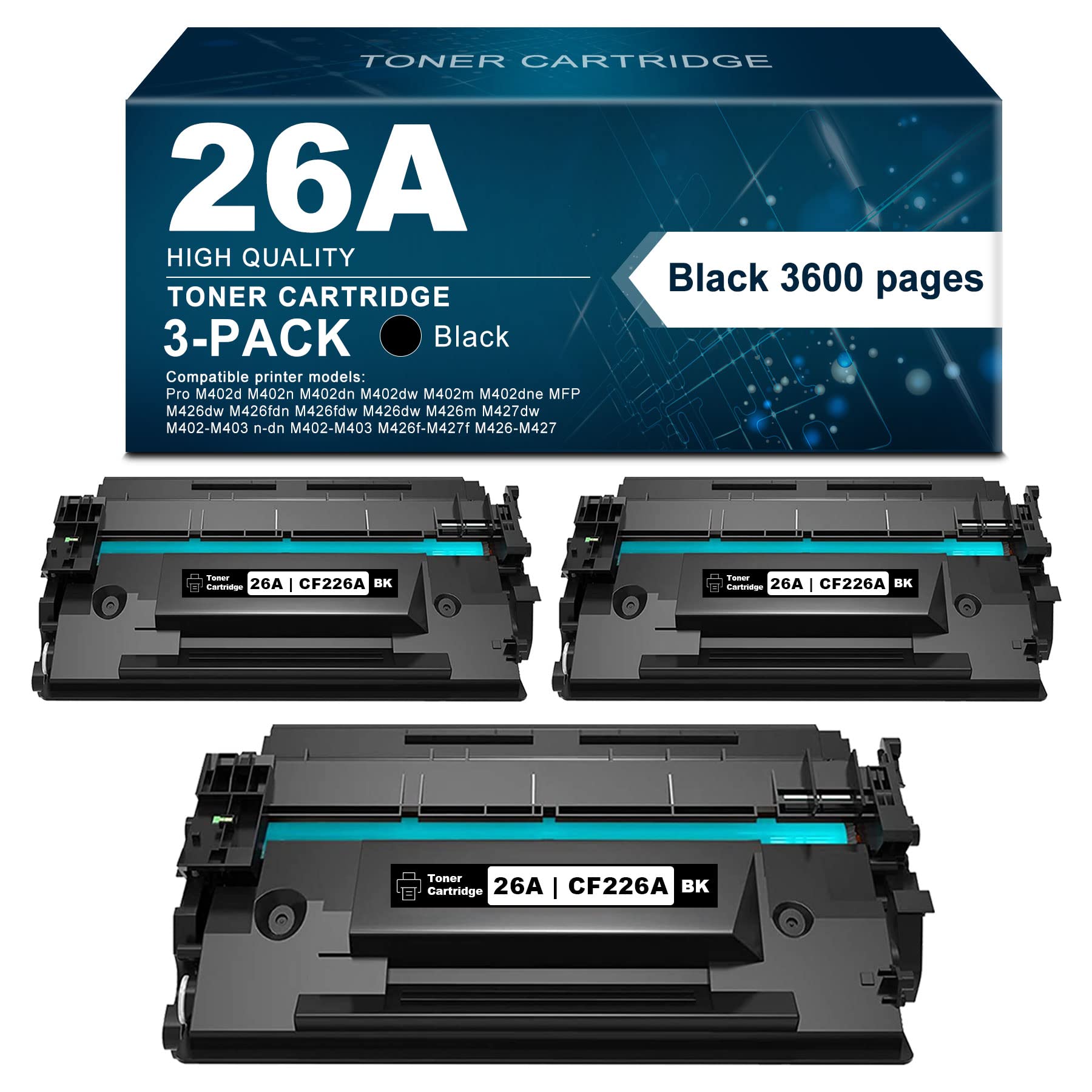 3-Pack High-Yield Toner Cartridge Replacement for HP Pro M402dw/M402n/M426fdn/M402dne/MFP M426dw/M427dw Printers | Compatible with CF226A & 26A | Ideal for Home Office & Small Business Printing