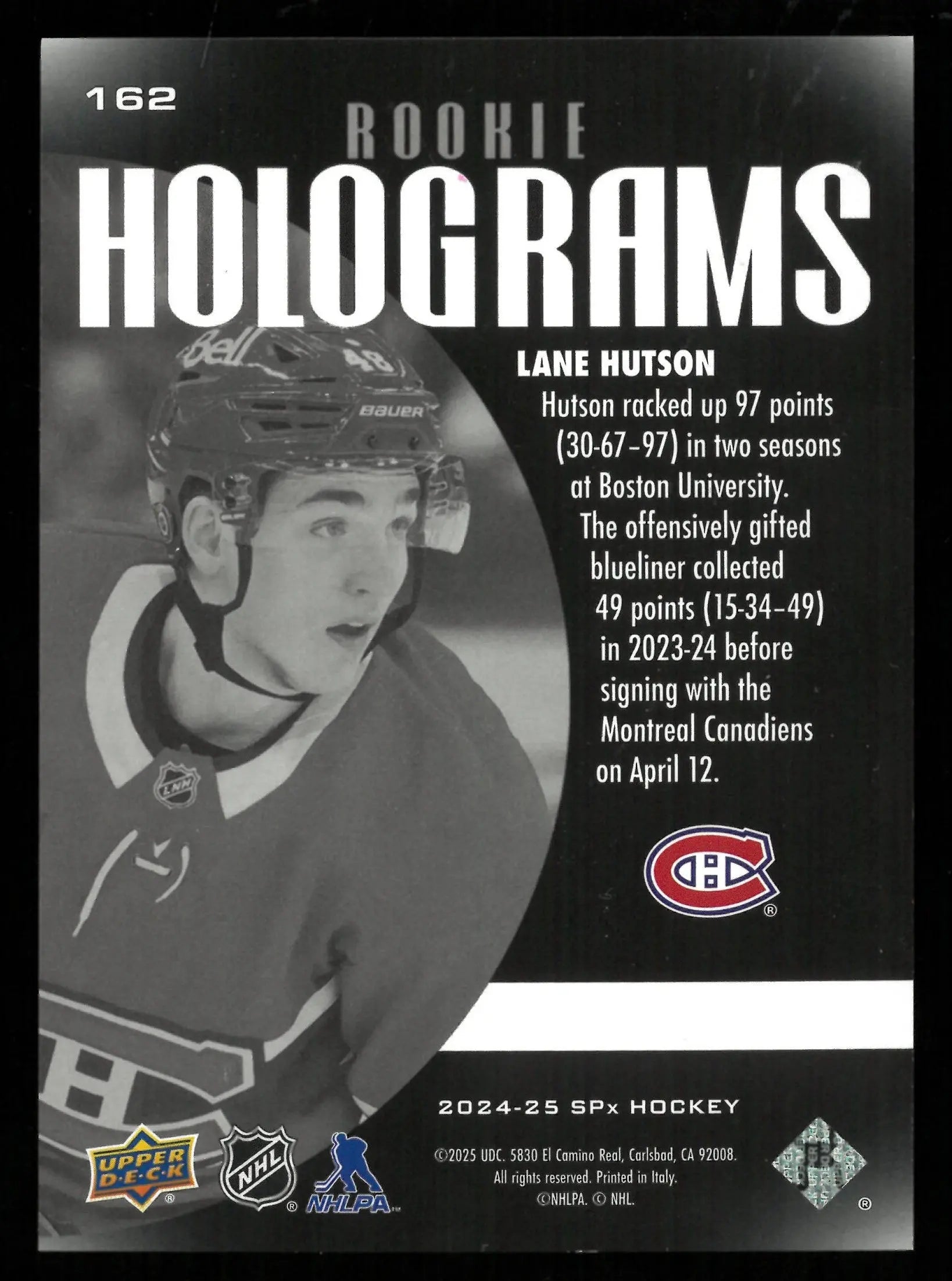 2024-25 Upper Deck SPx Hockey Lane Hutson Rookie Card RC Holographic Collectible - Perfect for NHL Fans, Sports Memorabilia Collectors & Gift Ideas
