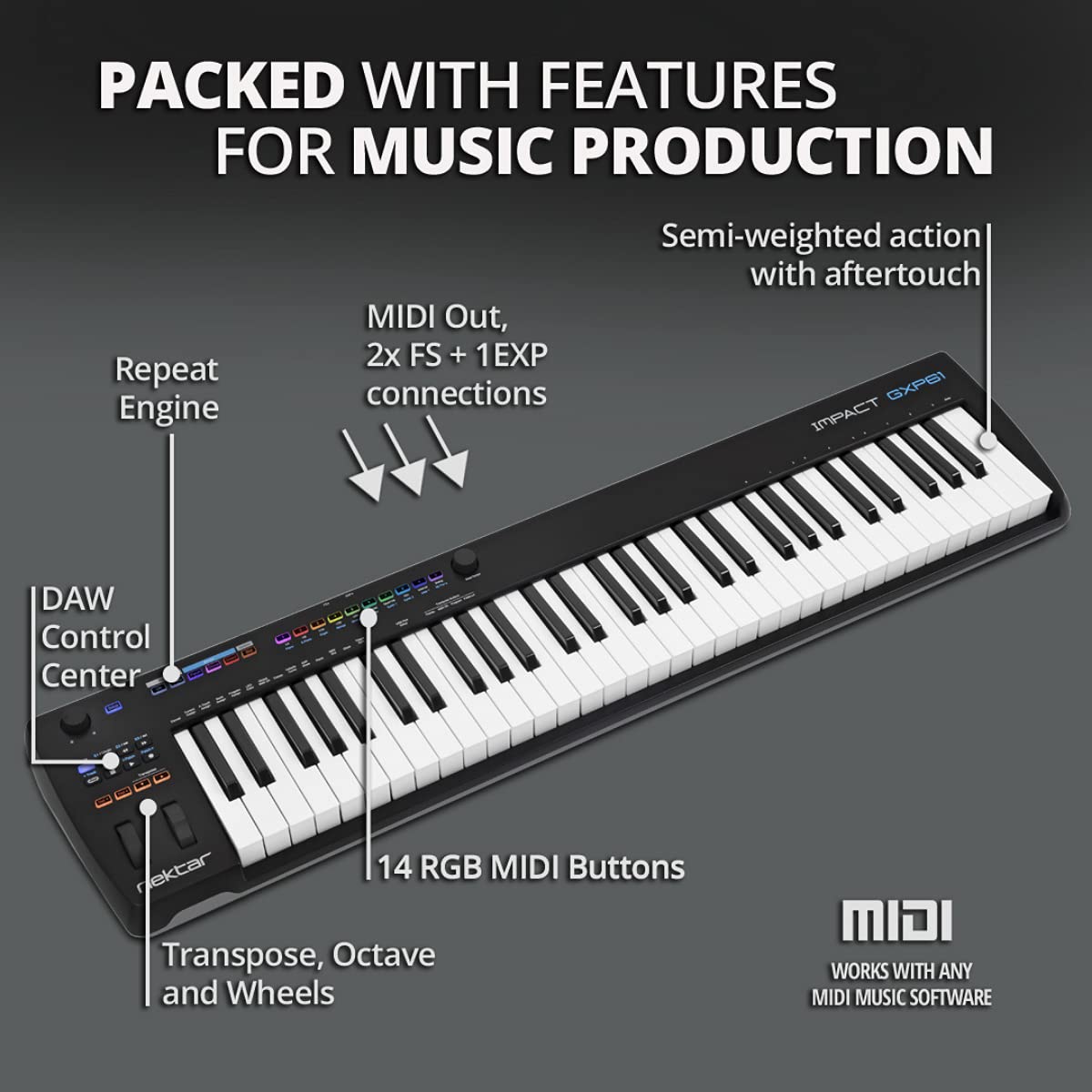 Nektar Impact GXP61 61-Key MIDI Keyboard Controller with USB Connectivity - Perfect for Music Production, Live Performance & Studio Recording