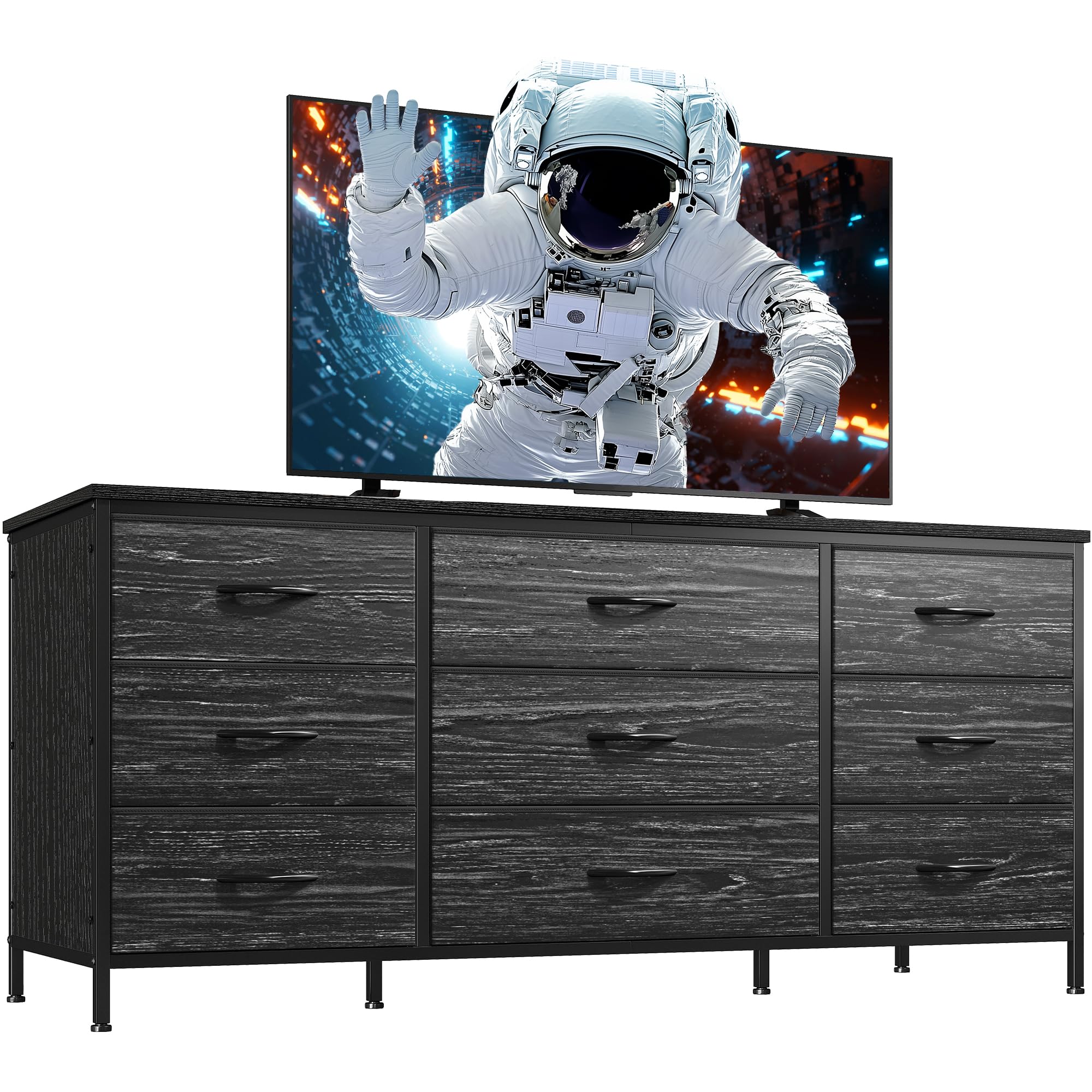 EnHomee 60'' TV Stand Dresser with 9 Drawers - Sturdy Metal Frame & Wood Top Fabric Dresser for Bedroom, Living Room, Closet - Charcoal Black | Perfect for TV Storage, Bedroom Organization & Living Room Furniture