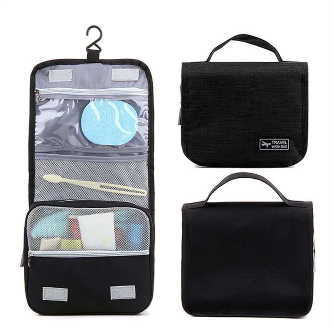 Waterproof Travel Makeup Bag with Hook & Handle - Cosmetic Organizer for Toiletries, Makeup Brushes, Jewelry & Digital Accessories - Portable Hanging Toiletry Bag for Women (Black) | Perfect for Travel, Gym, Camping & Daily Use