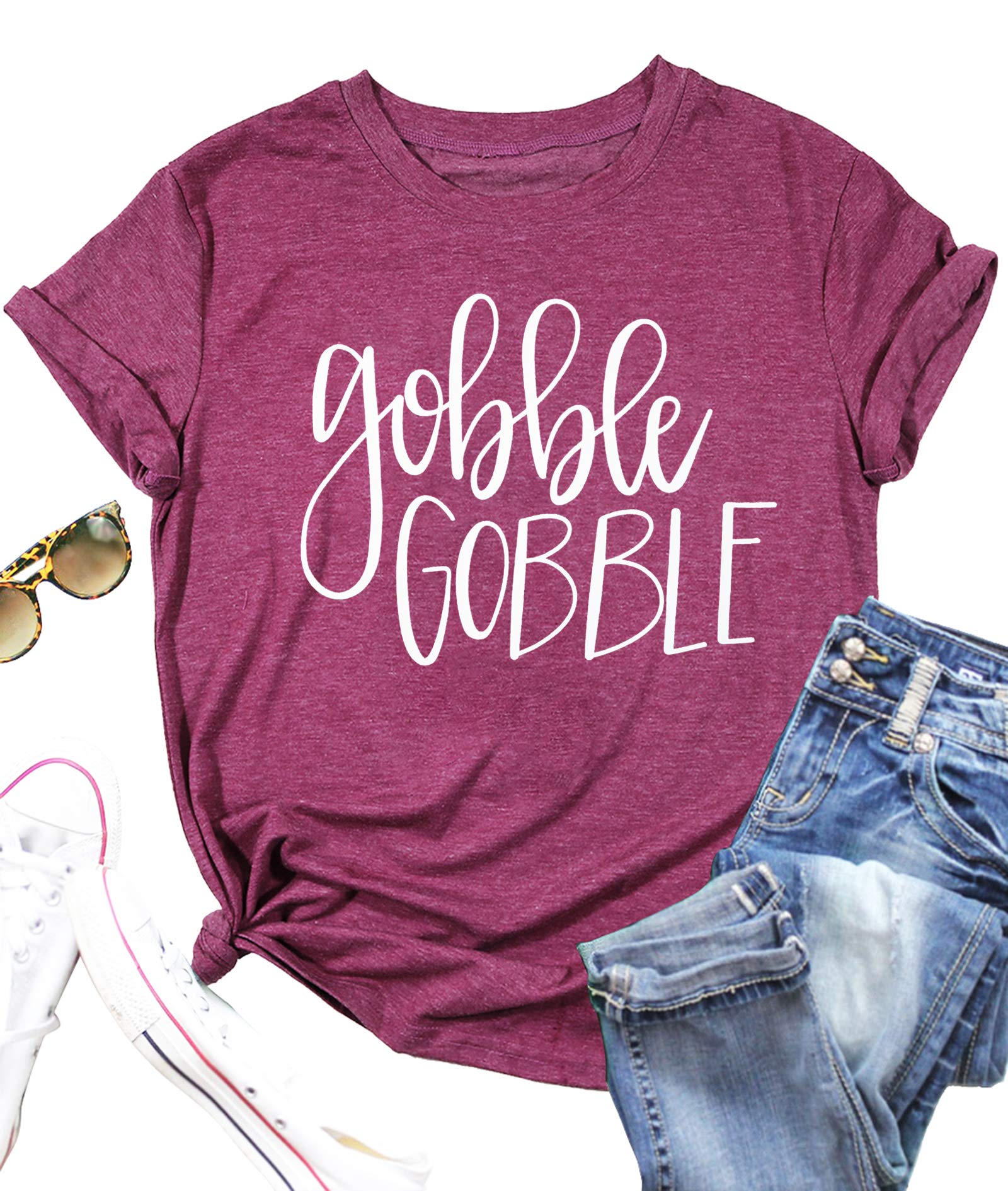 Funny Thanksgiving T-Shirt for Women - Cute Gobble Gobble Graphic Print Short Sleeve Top - Perfect for Turkey Day Parties & Family Gatherings