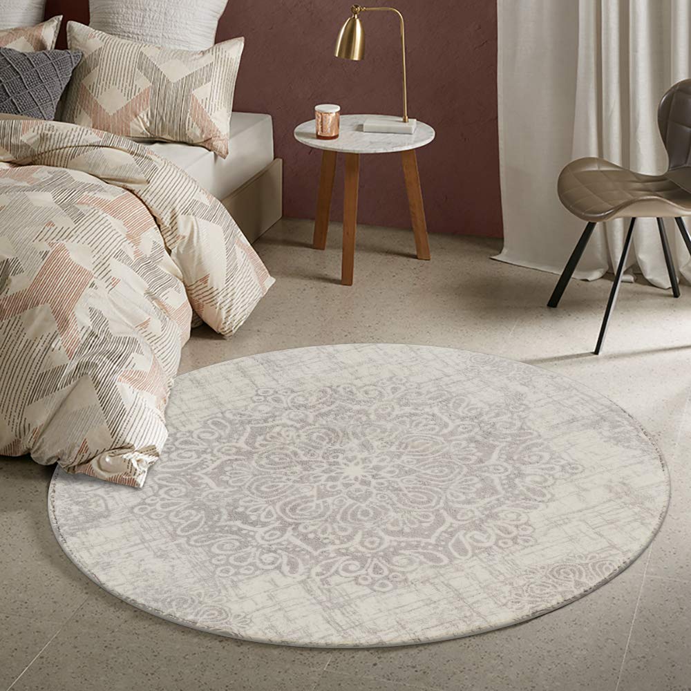 Lahome Medallion Round Rug 4ft - Washable Non-Slip Circle Area Rug for Entryway, Bathroom, Office, Bedroom & Laundry Room - Ultra-Thin Gray Accent Throw Rug - Perfect for High-Traffic Areas & Cozy Home Decor