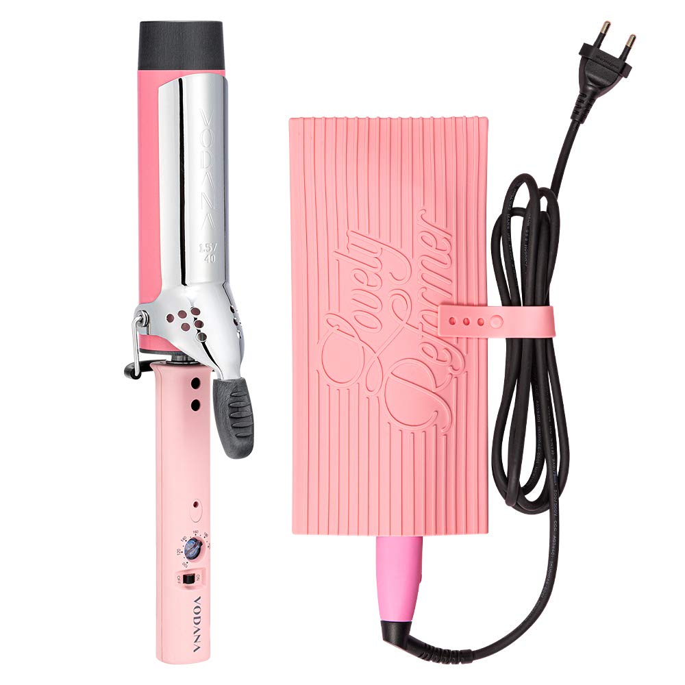 VODANA Professional GlamWave 1.6 Inch (40mm) Ceramic Curling Iron with Heat Resistant Mat & Pouch - Pink | Salon-Quality Hair Styling Tool for Waves & Curls | Perfect for Home Use, Travel & Professional Styling