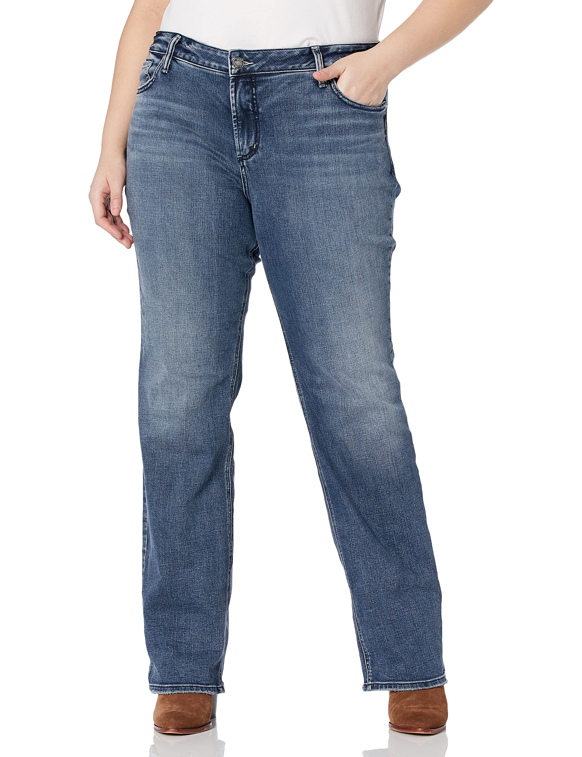Silver Jeans Co. Women's Plus Size Elyse Mid Rise Slim Fit Bootcut Jeans - Comfortable Stretch Denim Pants for Casual Wear & Night Out