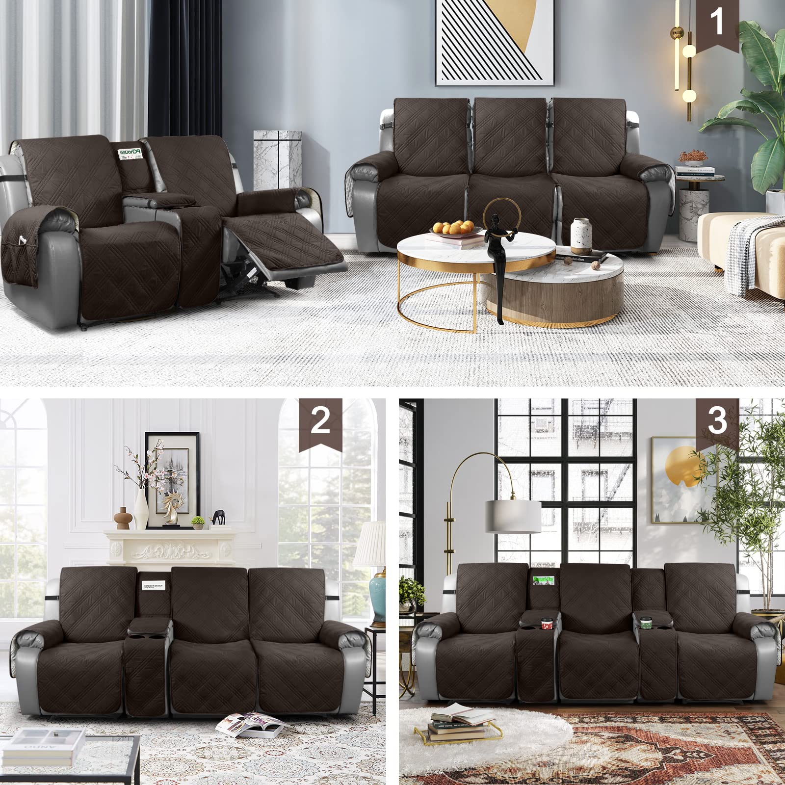 TAOCOCO 100% Waterproof Recliner Sofa Cover with Console - 3 Seat Stretchable Furniture Protector for Pets & Kids | Split Design with Secure Straps | Chocolate Brown | Perfect for Living Room, Family Room & Home Theater Use