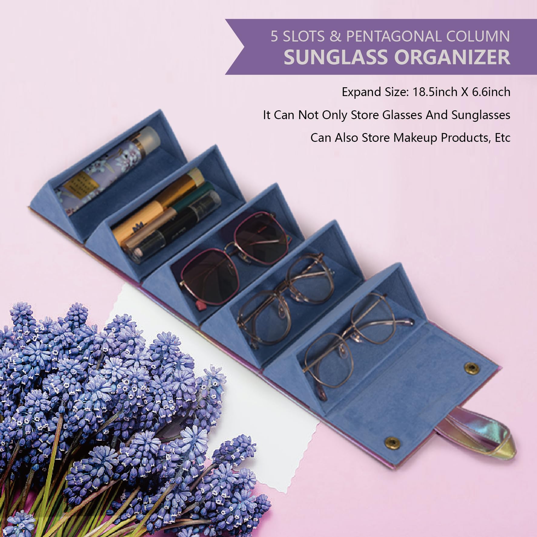 Premium Travel Sunglass Organizer - 5-Slot PU Leather Eyeglass Case with Mirror & Storage Pouch | Compact Glasses Holder for Men & Women | Perfect for Airplane, Car, Office & Vacation Travel Accessories
