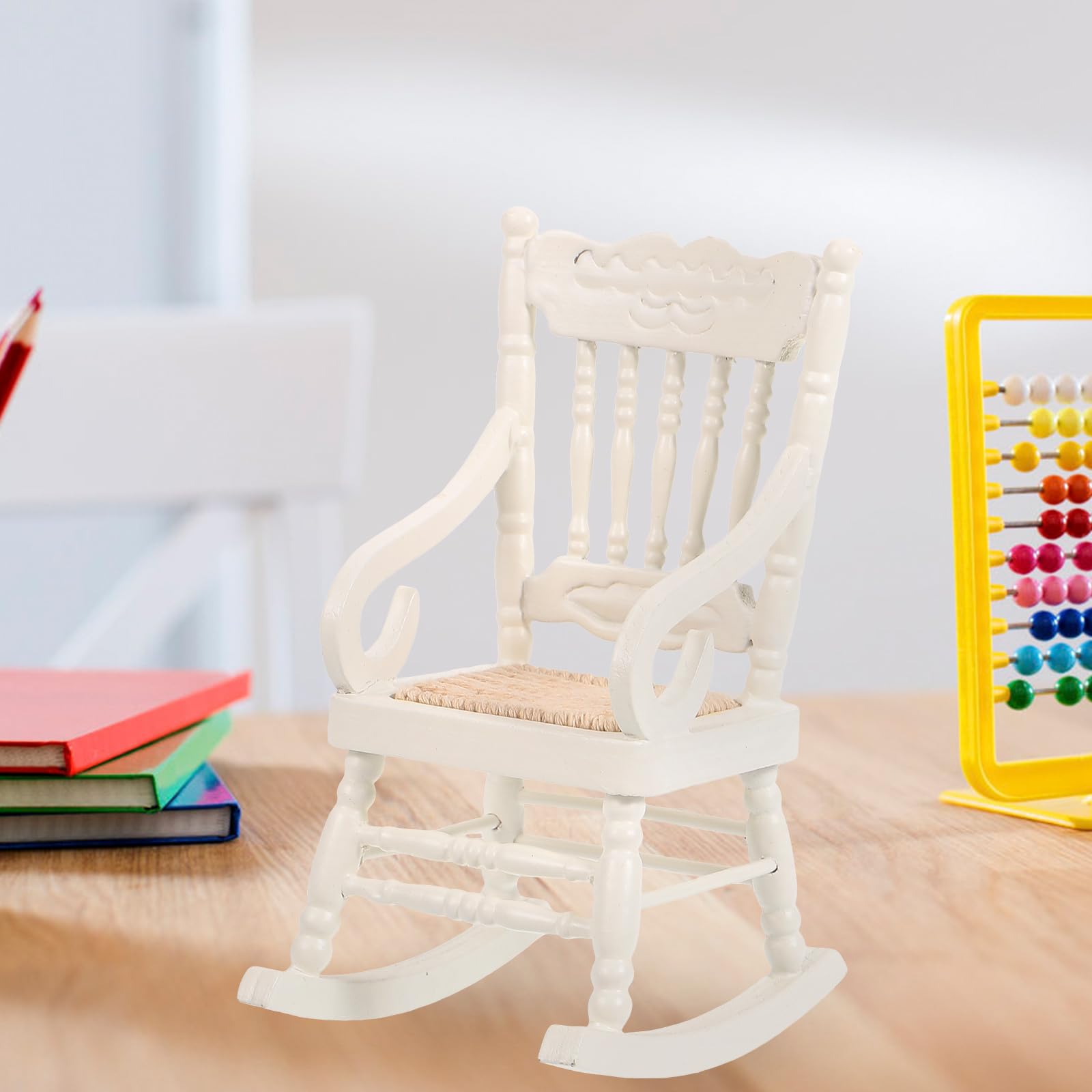 1:12 Scale Miniature Wooden Rocking Chair for Dollhouse - White - Perfect for Dollhouse Decor, Miniature Displays & Collectible Scenes