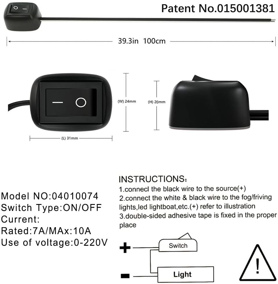12V-220V/10A SPST Waterproof Toggle Switch with 1m Wire - Round Push Button On/Off Switch for Fog Lights, LED Light Bars, Neon Lights - Ideal for Automotive, Marine & DIY Lighting Projects