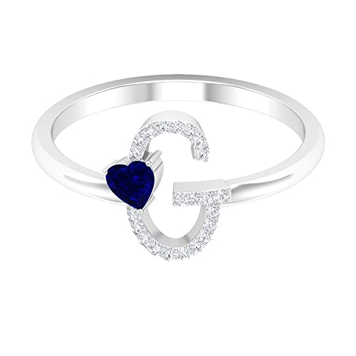 Rosec Jewels 14K White Gold Blue Sapphire & Diamond Initial Rings for Women - A to Z Alphabet Rings, Heart Initial Rings - Perfect for Birthdays, Anniversaries & Special Occasions