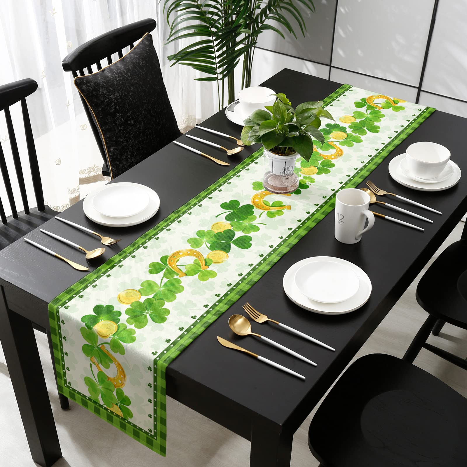 St. Patrick's Day Lucky Clover Table Runner 13x70 Inch - Irish Buffalo Plaid Cotton Linen Tablecloth for Parties, Weddings & Home Decor - Perfect for Dining Tables, Coffee Tables & Dresser Scarves