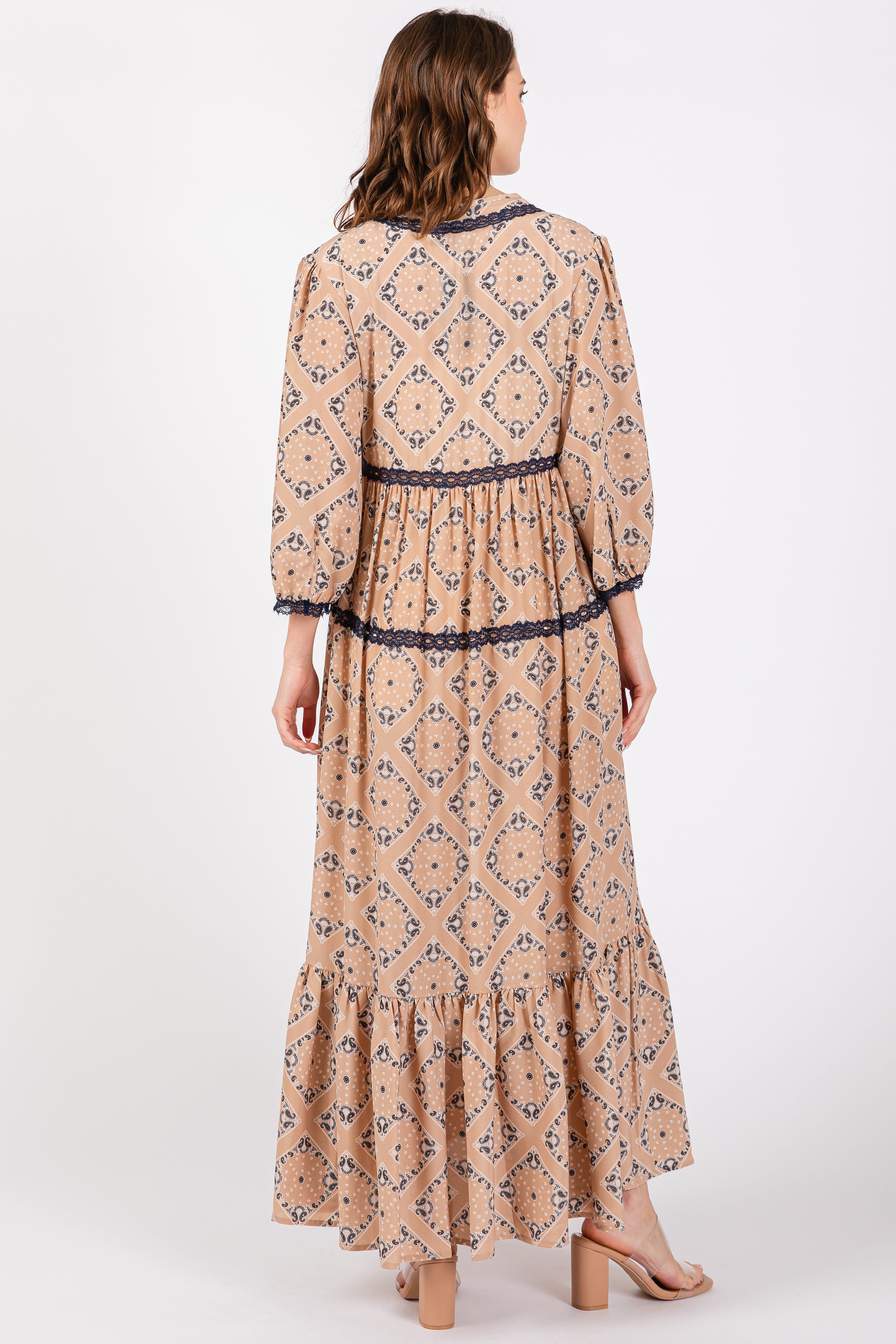 Beige Printed Tie Front Kimono Dress for Women - Flowy Boho Summer Cover Up - Perfect for Beach, Vacation & Casual Outings