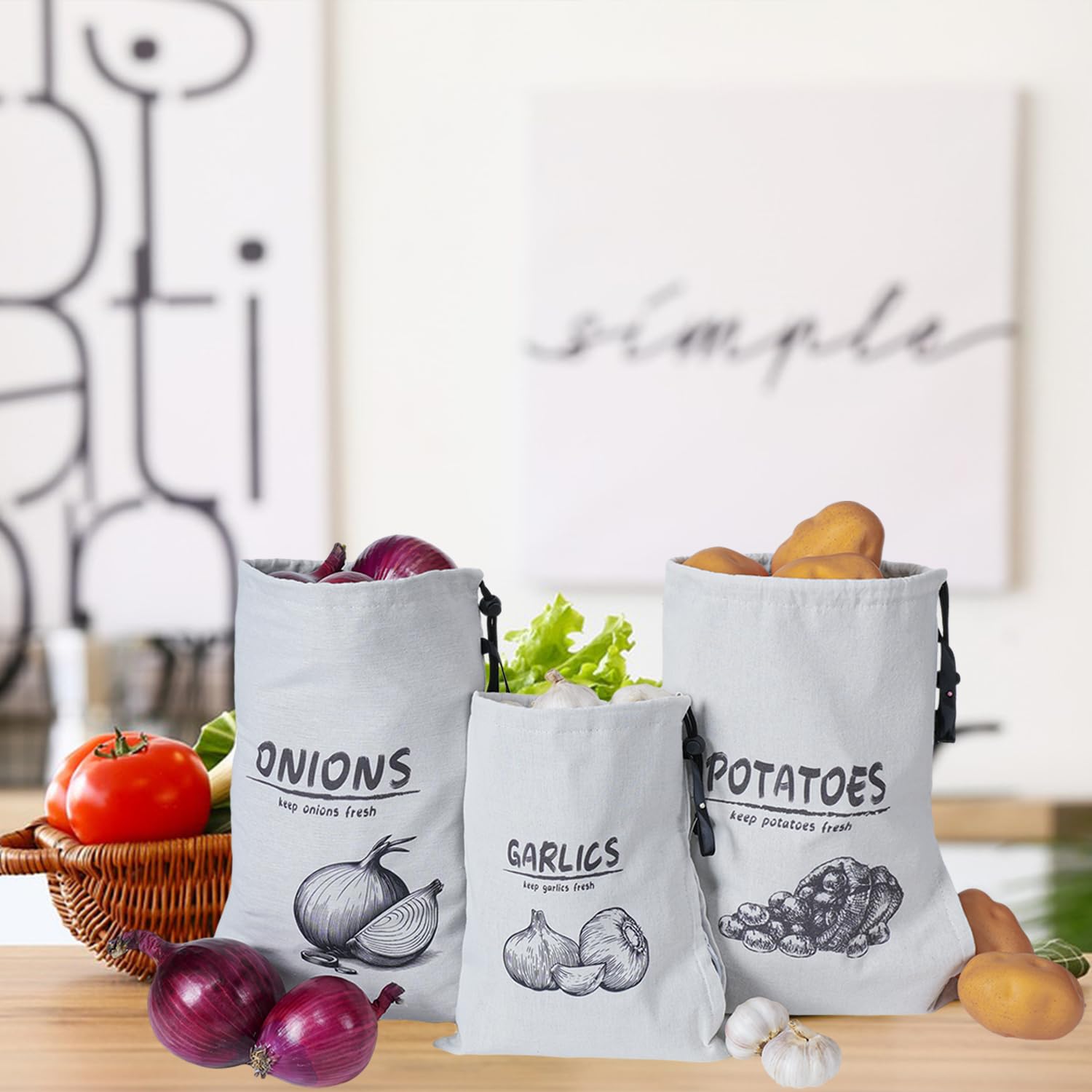 Reusable Potato Onion Garlic Storage Bags with Drawstring Closure - 3 Pack for Pantry & Kitchen Organization | Fresh Vegetable Keepers for Home, Restaurant & Grocery Store Use