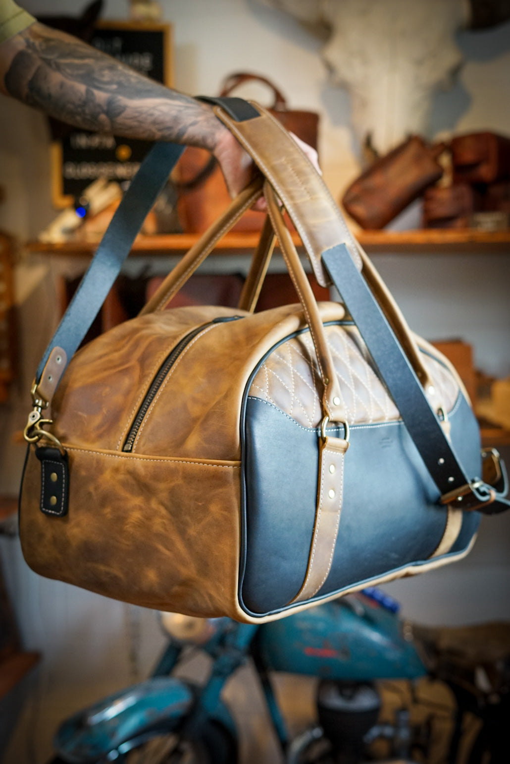 Premium Rancher Duffle Bag in Tobacco Brown with Flat Black Accents - Stylish Travel & Work Carry-On for Outdoor Adventures & Business Trips