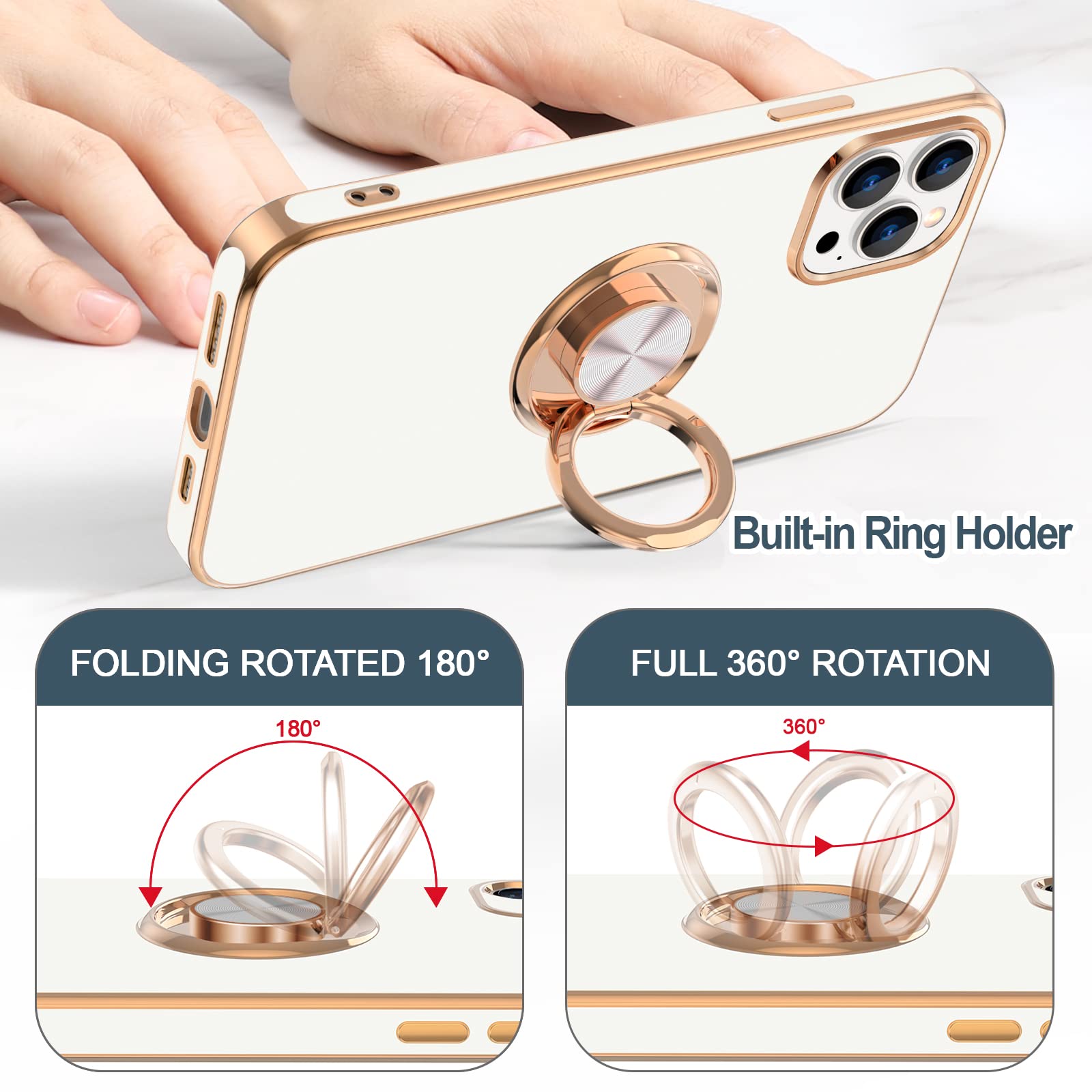 Hython Magnetic Phone Case for iPhone 14 Pro Max with 360° Rotatable Ring Stand & Kickstand - Gold Plated Edge, Slim Soft TPU Protective Cover (White) - Perfect for Car Mounting, Hands-Free Viewing & Everyday Protection