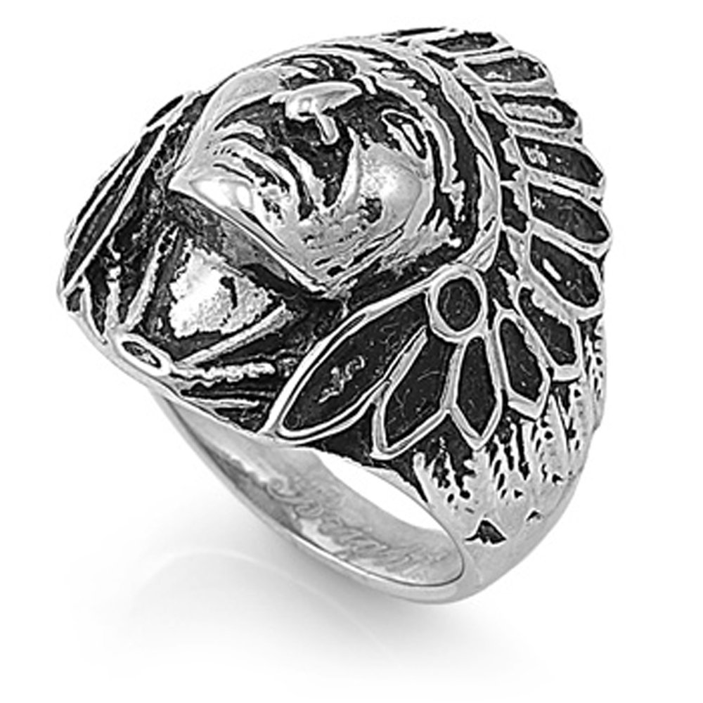 Jinique STR-0293 Stainless Steel Wide Apache Indian Chief Cast Shield Men's Ring for Biker, Native American Style Jewelry, Gift for Him - Perfect for Western Fashion, Motorcycle Riders & Tribal Accessories