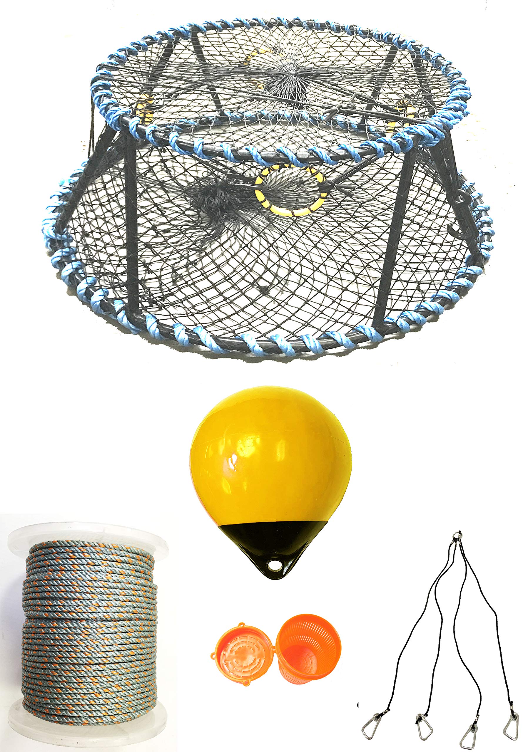 KUFA Sports Heavy Duty Vinyl Coated Prawn Trap - 400ft Rope, Yellow Float, Vented Bait Jar & Harness Combo for Crab Fishing, Shrimping and Marine Life Catching