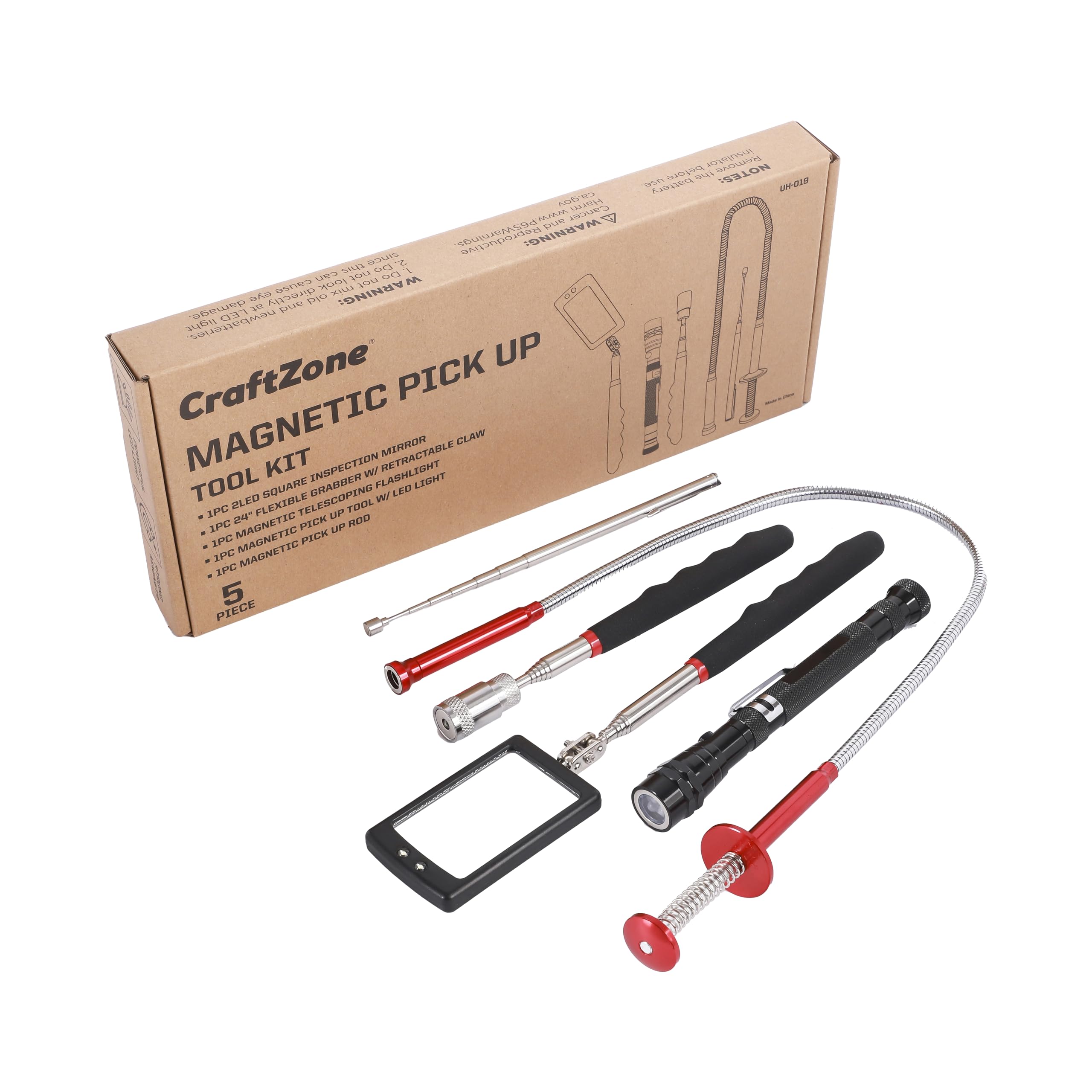 5-Piece Magnetic Pick Up Tool Kit with 1lb & 10lb Pick Up Rods, 360° Swivel Adjustable Inspection Mirror & Flexible LED Flashlight - Telescopic Magnetic Grabber for Automotive Repair, Construction & Home Maintenance