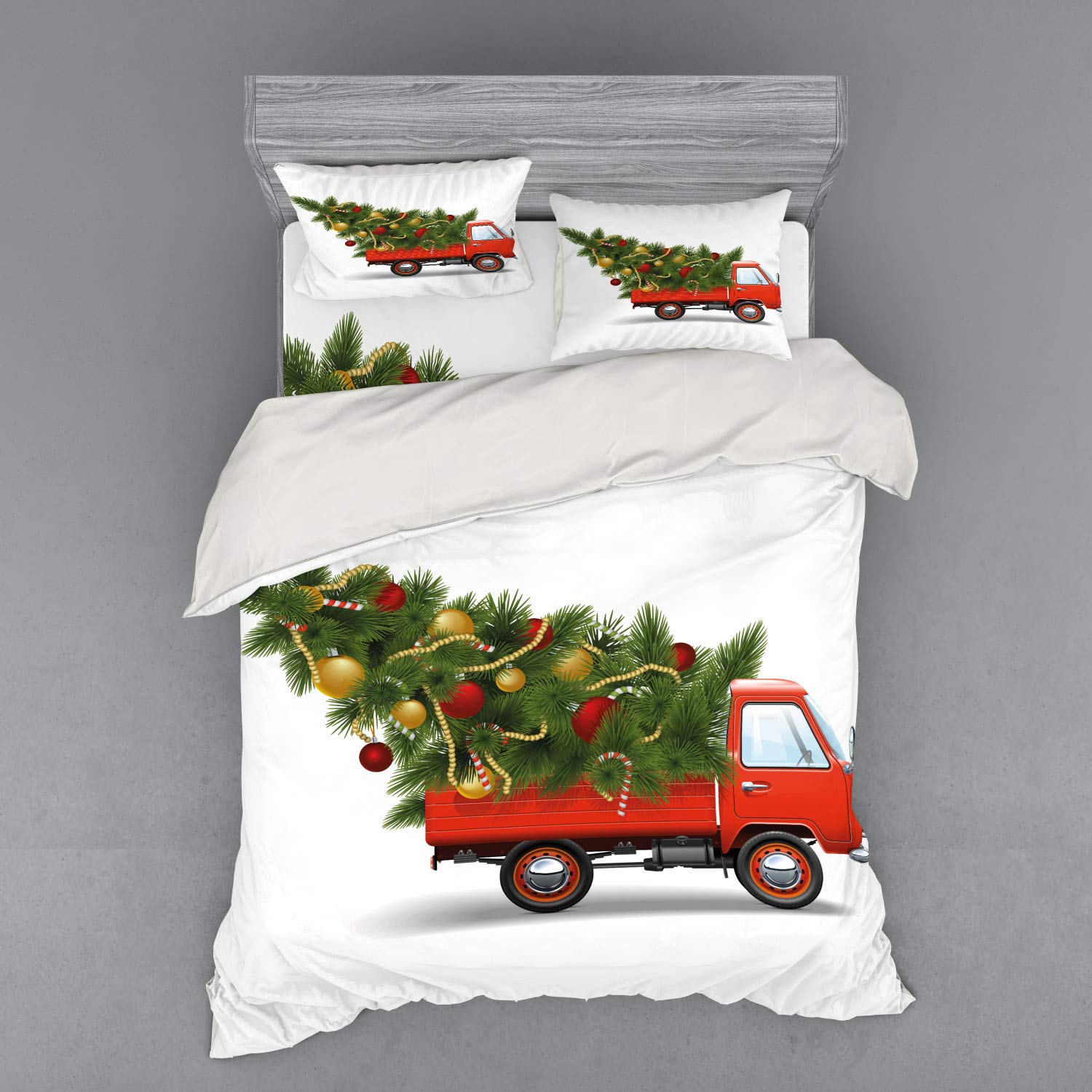 Ambesonne Christmas Bedding Set 4-Piece Queen Size - Red Retro Farm Truck & Festive Tree Design with Tinsel Balls, Duvet Cover + Shams + Fitted Sheet in White Red Green | Holiday Home Decor for Bedroom, Guest Room & Cozy Winter Nights