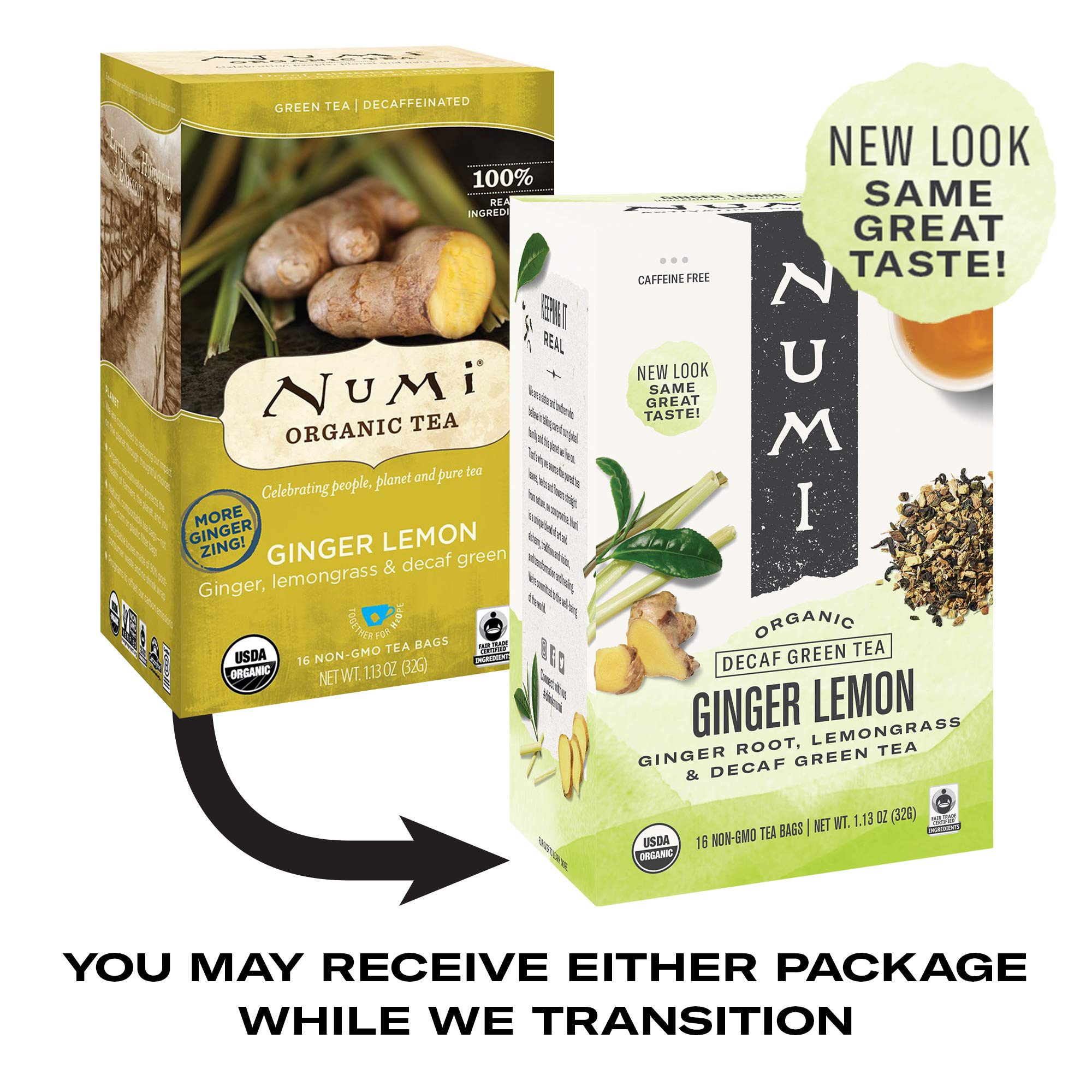 Numi Organic Ginger Lemon Decaf Green Tea Bags, 16 Count (Pack of 6) - 96 Total Tea Bags | Herbal Wellness Drink for Relaxation & Digestion Support