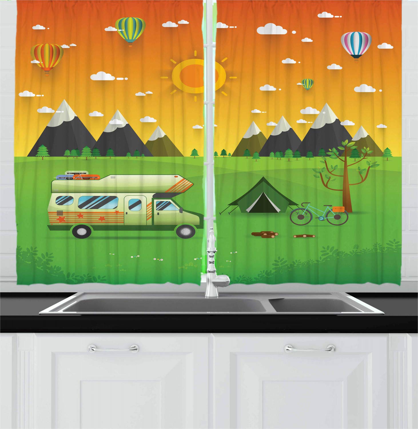 Ambesonne Camping Kitchen Curtains - National Mountain Park Scenic Landscape with Family RV & Tent - 2 Panel Window Drapes for Kitchen & Cafe Decor - 55