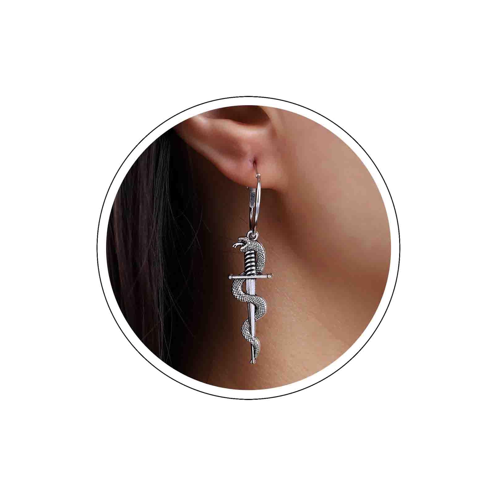 Boho Gothic Cross Earrings - Silver Sword Hoop Dangle Earrings with Dragon Wrap Design | Vintage Goth Jewelry for Women & Girls | Perfect for Halloween, Cosplay & Alternative Fashion