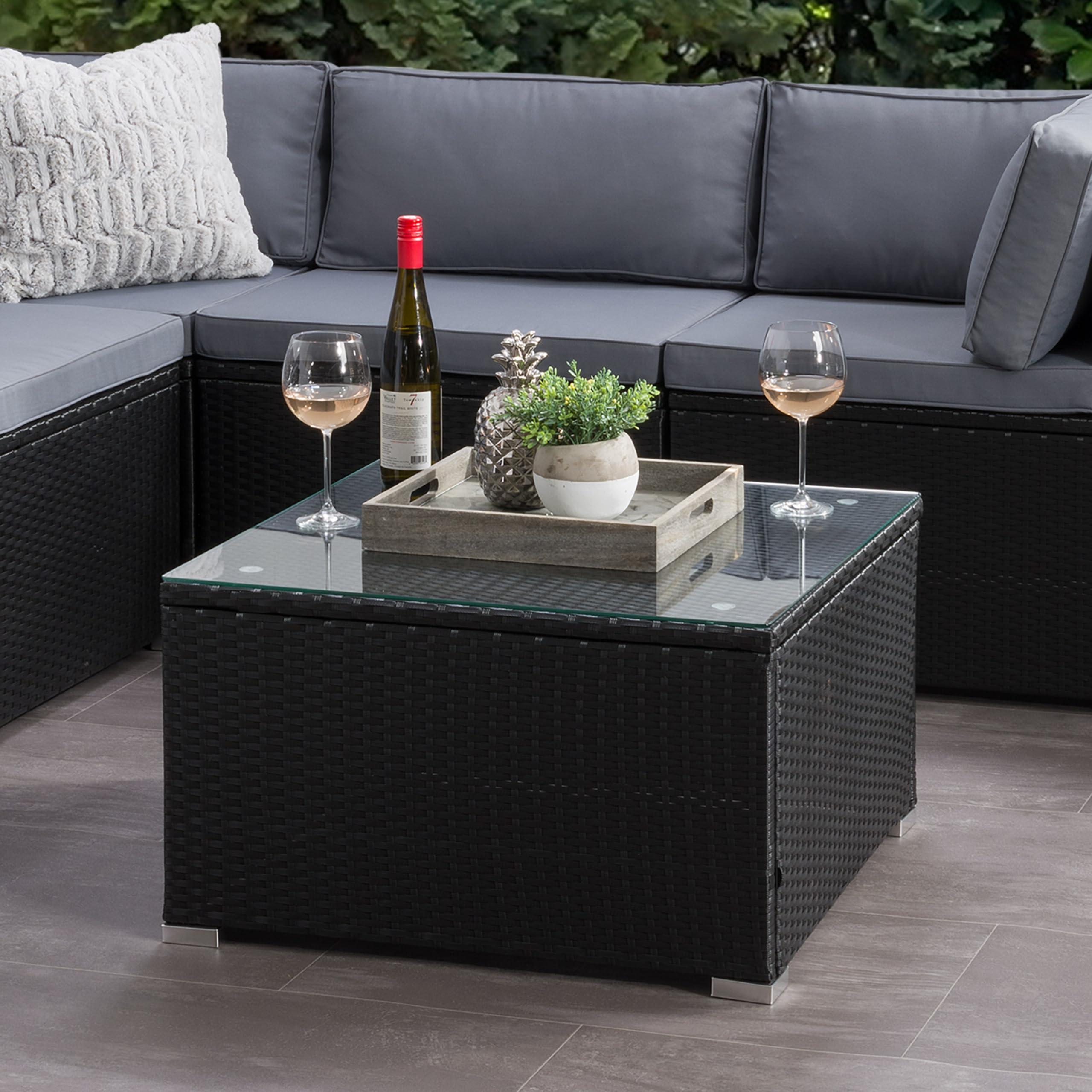 CorLiving Parksville Black Wicker Rattan Square Patio Coffee Table with Tempered Glass Top - Outdoor Furniture for Garden, Poolside, and Backyard Relaxation