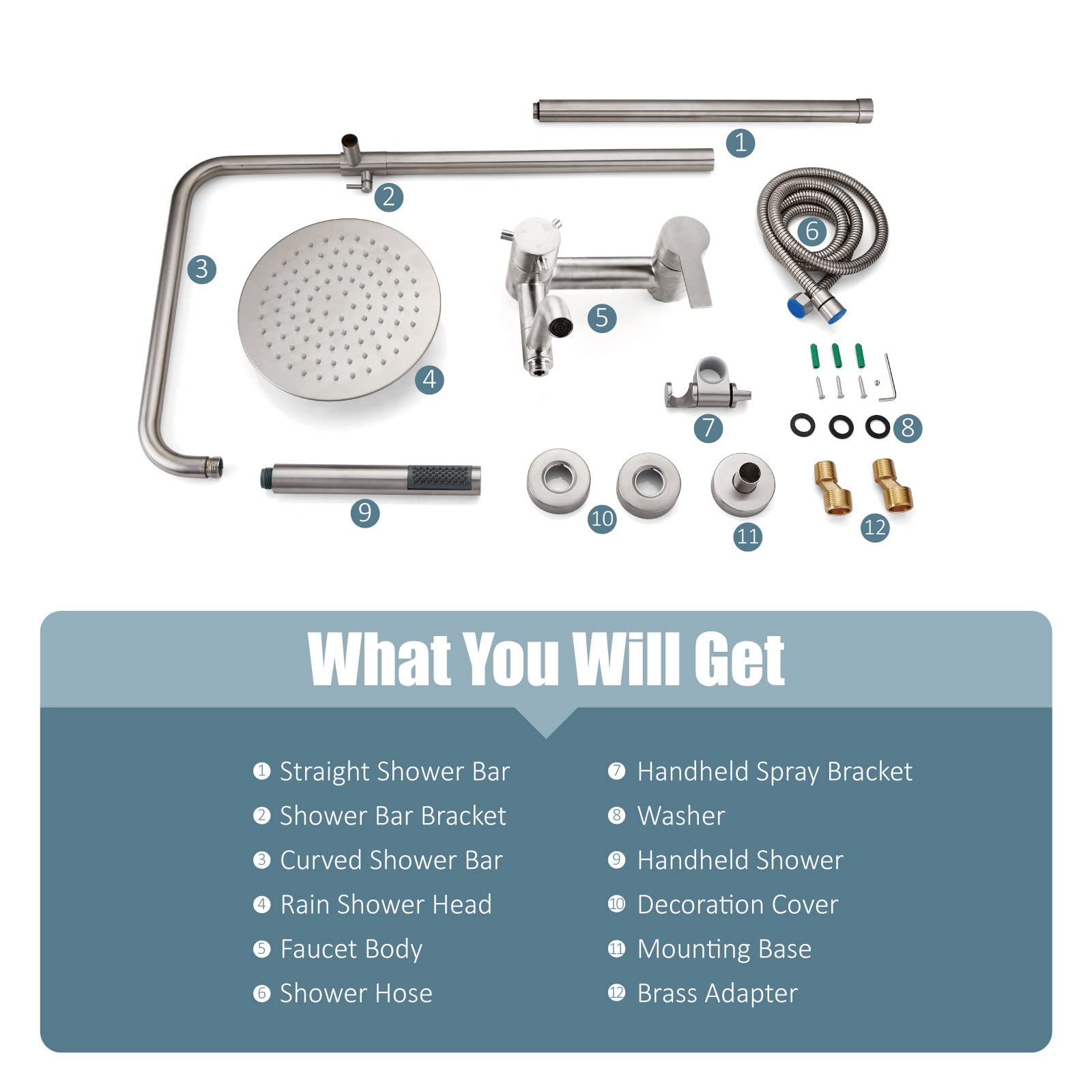 Aolemi 8 Inch Stainless Steel Shower Faucet Set - SUS304 Rainfall Shower Head with Hand Spray, 3 Function Combo, Brushed Nickel Finish - Perfect for Outdoor, Garden, and Patio Use