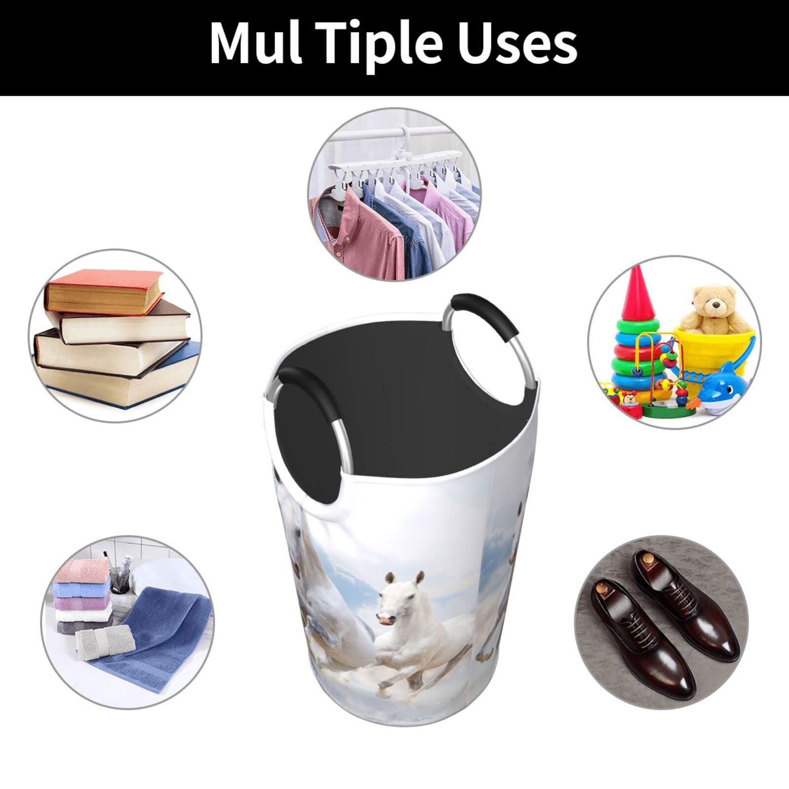 Collapsible Laundry Basket with Handles - Durable Clothes Hamper & Dirty Laundry Organizer - Animal Theme Running Horses Design (White) - Perfect for Bedroom, Bathroom & Dorm Storage