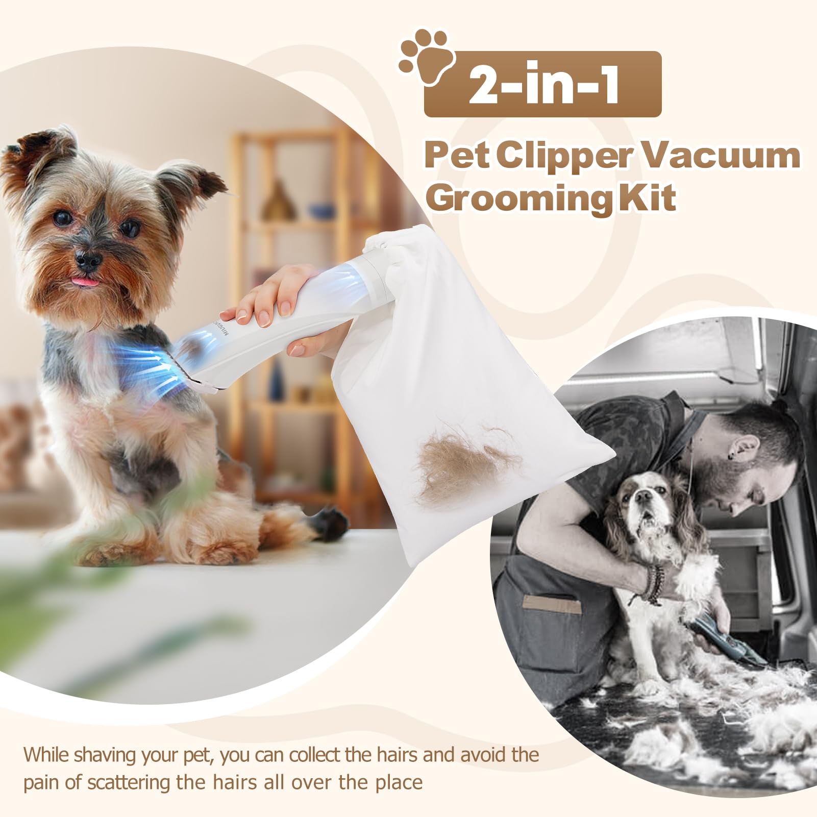 2-in-1 Dog Clipper & Hair Vacuum - Low Noise Rechargeable Cordless Pet Grooming Kit with Comb Guides & Scissors - Professional Dog & Cat Hair Trimmer with Hair Suction - Perfect for Home Grooming & Christmas Gifts