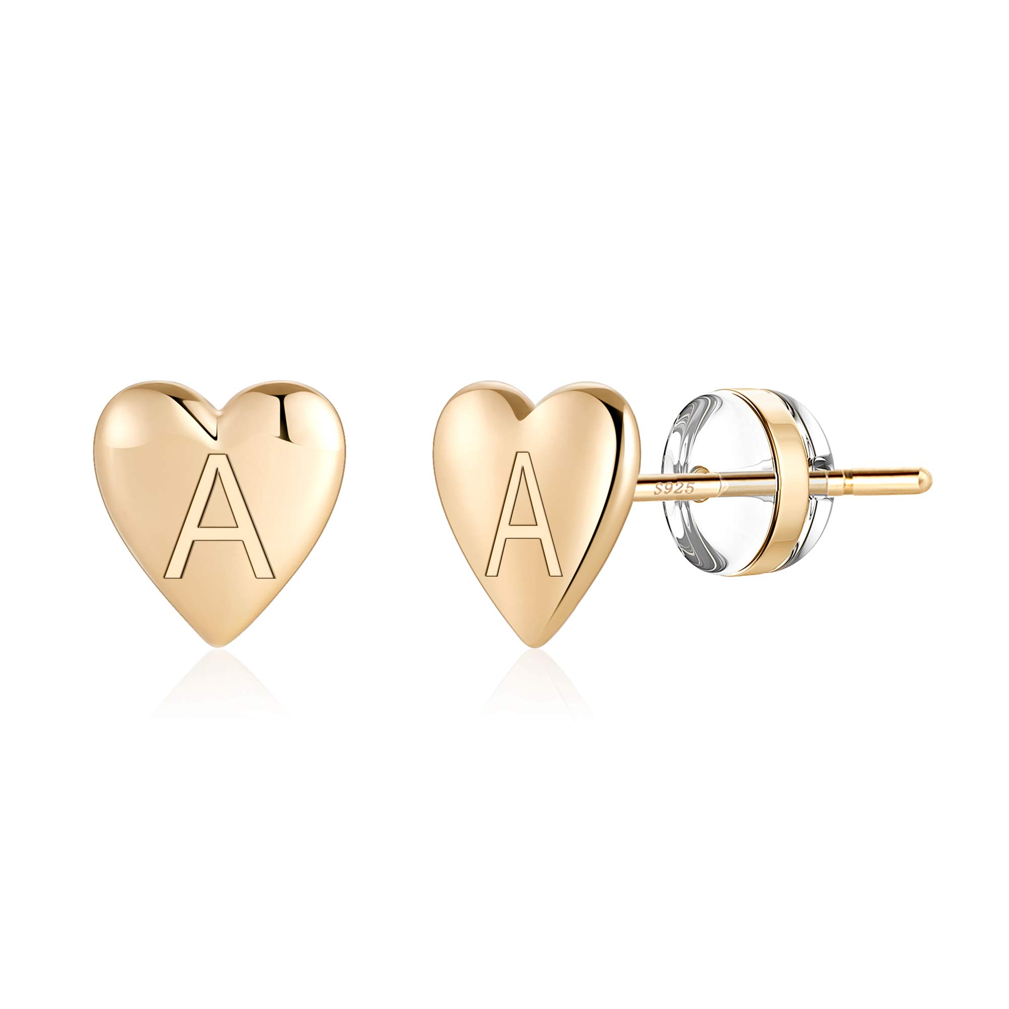 Heart Initial Stud Earrings for Women & Girls - 14K Gold Plated S925 Sterling Silver Hypoallergenic Dainty Letter Earrings - Perfect for Sensitive Ears, Everyday Wear, Gifts & Special Occasions