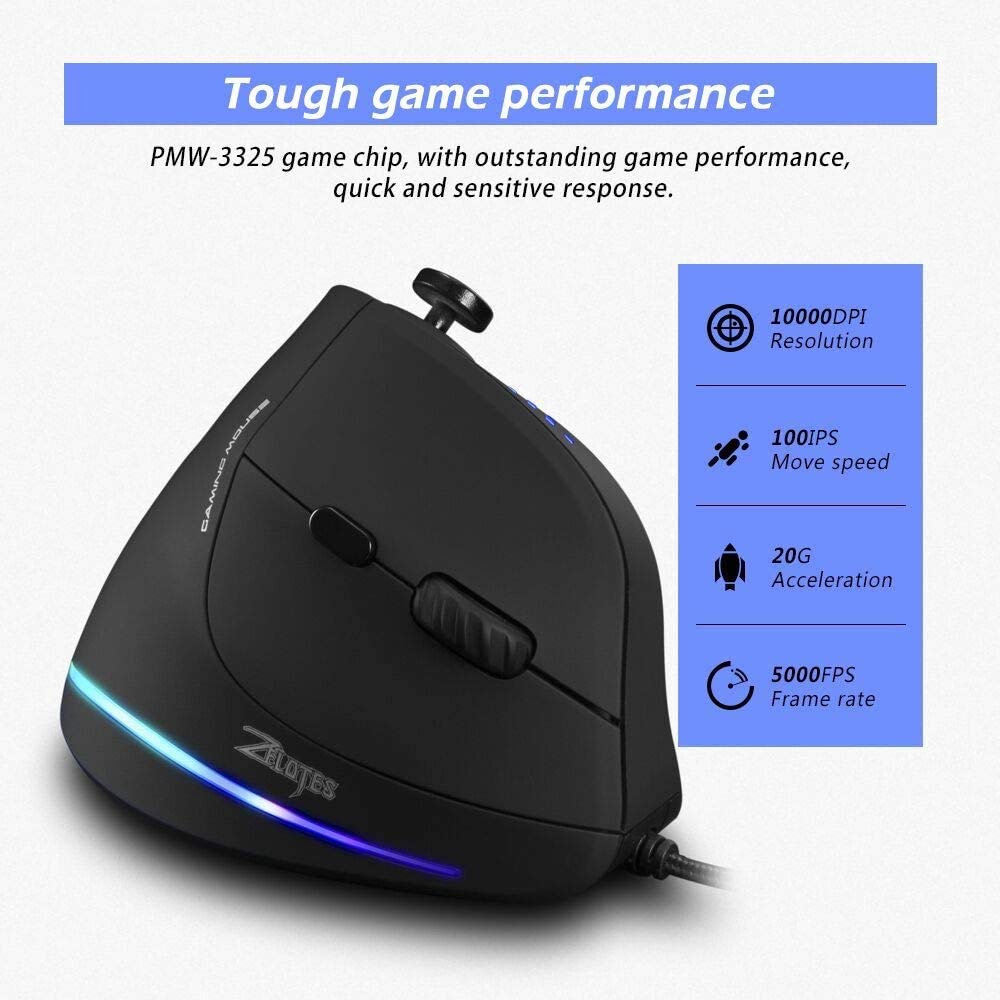 Zelotes Wired Gaming Mouse with Joystick - 10000 DPI, 11 Programmable Buttons, RGB Lighting, Ergonomic Vertical Design for PC, Mac, Laptop - Perfect for FPS, MMO Gaming & Office Work (Black)