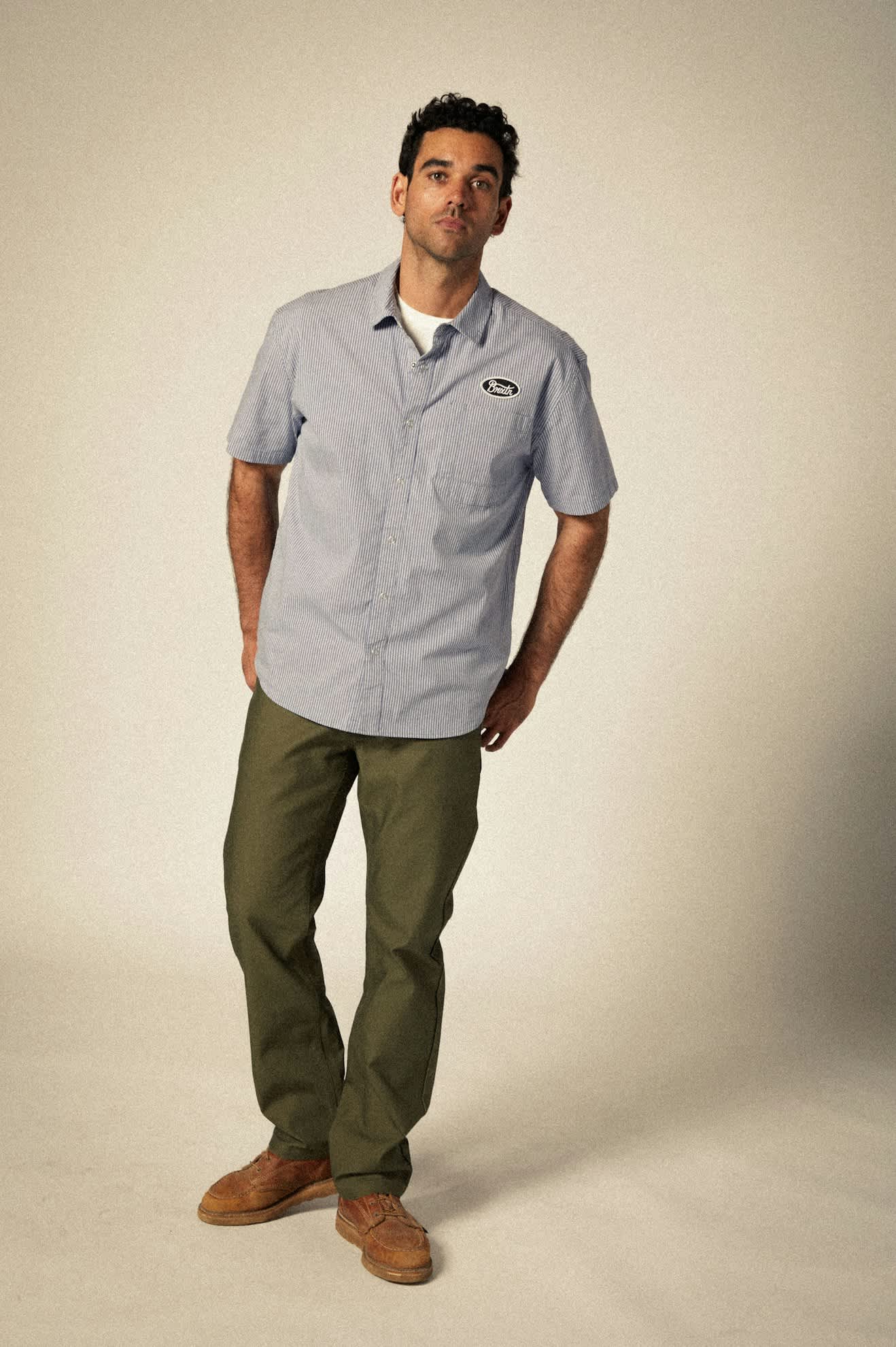Men's Twilight Blue & White Striped Short Sleeve Button Down Shirt for Builders - Comfortable Workwear for Construction & Outdoor Activities