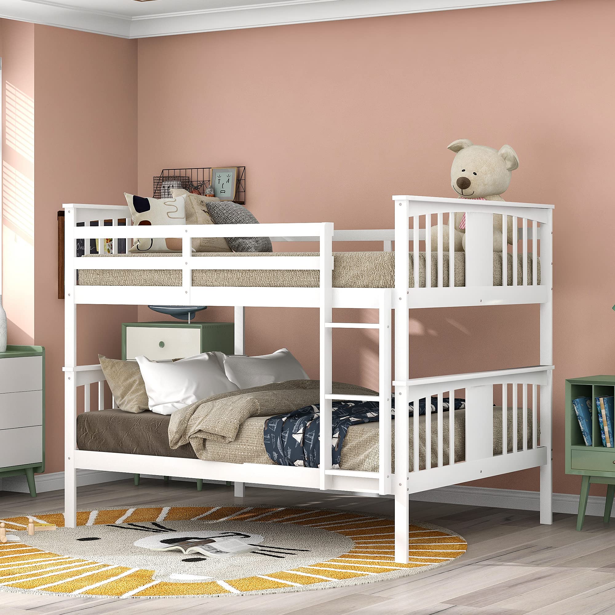 Solid Wood Full Over Full Bunk Bed Frame with Guard Rails & Ladder - Convertible to 2 Twin Beds for Kids, Teens & Adults - No Box Spring Needed - White - Perfect for Space-Saving Kids' Bedrooms, Dorm Rooms & Guest Rooms