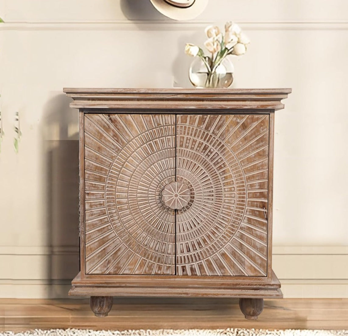 Premium Solid Mango Wood Sunburst Carving Sideboard - Farmhouse Style White Buffet Cabinet for Dining Room, Living Room & Entryway Storage | Corsica Rising Small Collection