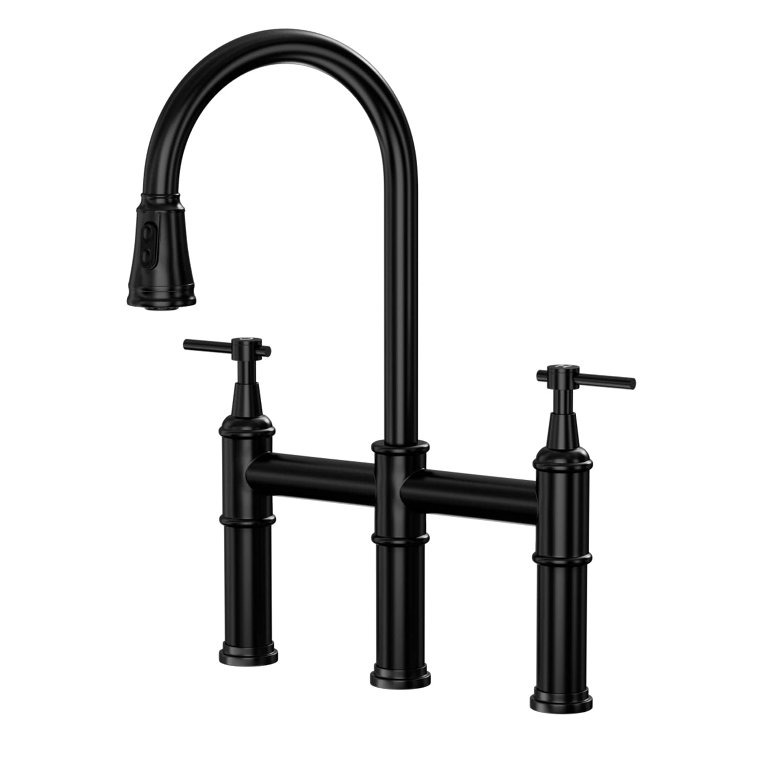 Modern 3-Hole Bridge Kitchen Faucet with Pull Down Sprayer - 2 Handle Swivel Spout Stainless Steel Sink Faucet - Matte Black Finish - Perfect for Contemporary Kitchens & Remodeling Projects